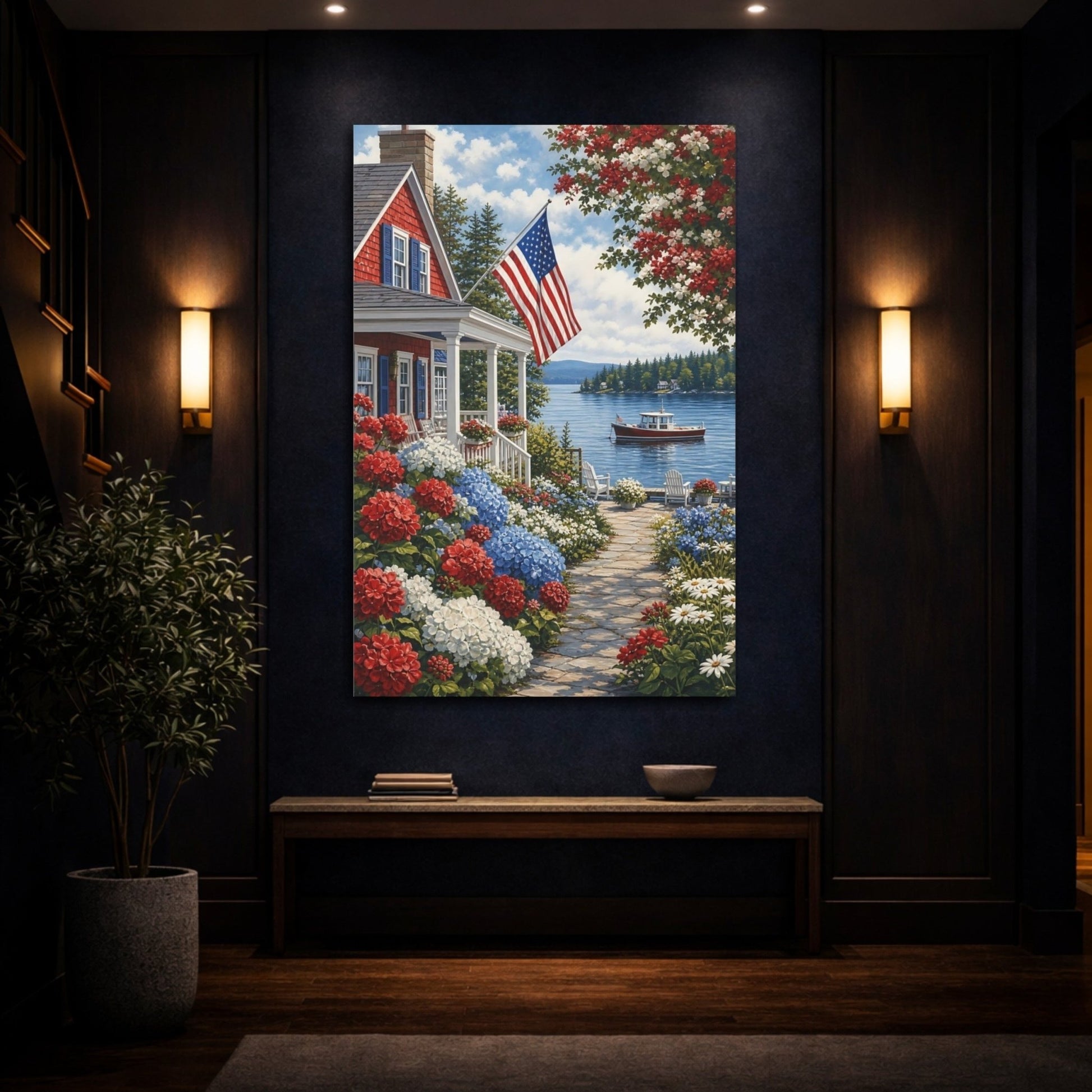 Floral Coastal Home Red White Blue Canvas Print – Living Room, Above Couch - YesArtYes