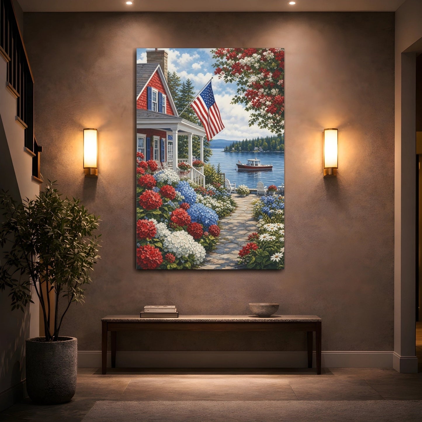 Floral Coastal Home Red White Blue Canvas Print – Living Room, Above Couch - YesArtYes
