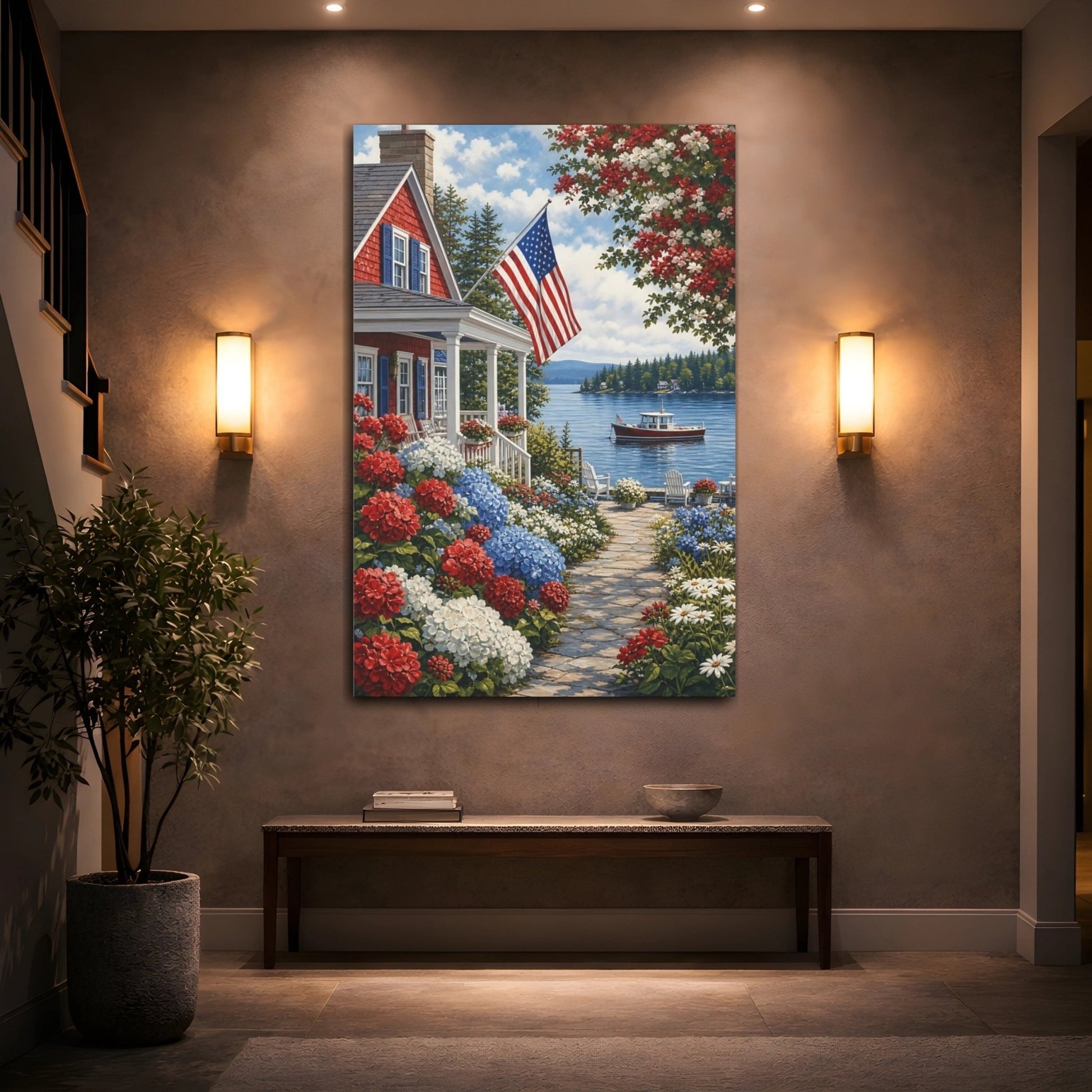 Floral Coastal Home Red White Blue Canvas Print – Living Room, Above Couch - YesArtYes