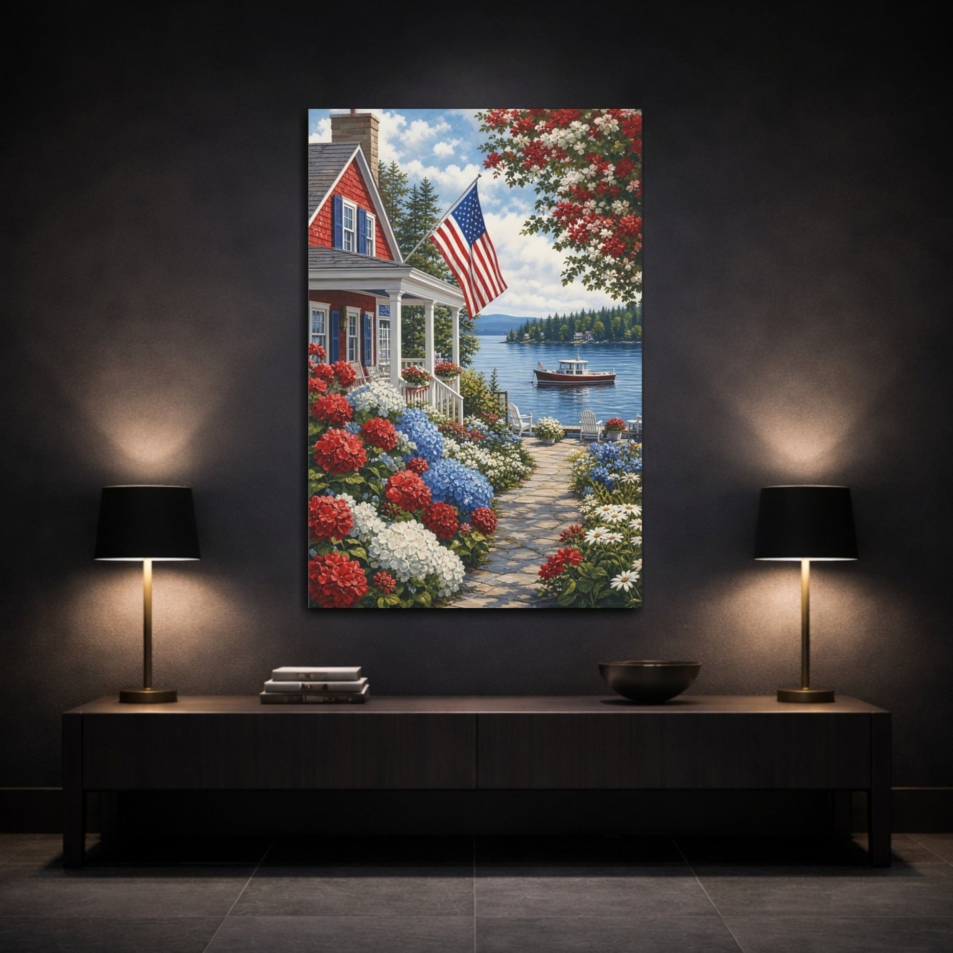 Floral Coastal Home Red White Blue Canvas Print – Living Room, Above Couch - YesArtYes