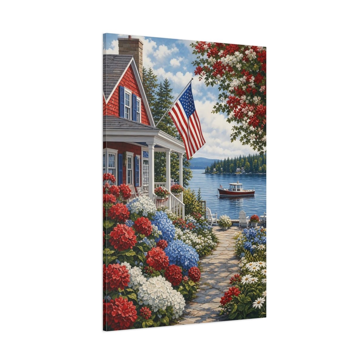 Floral Coastal Home Red White Blue Canvas Print – Living Room, Above Couch - YesArtYes