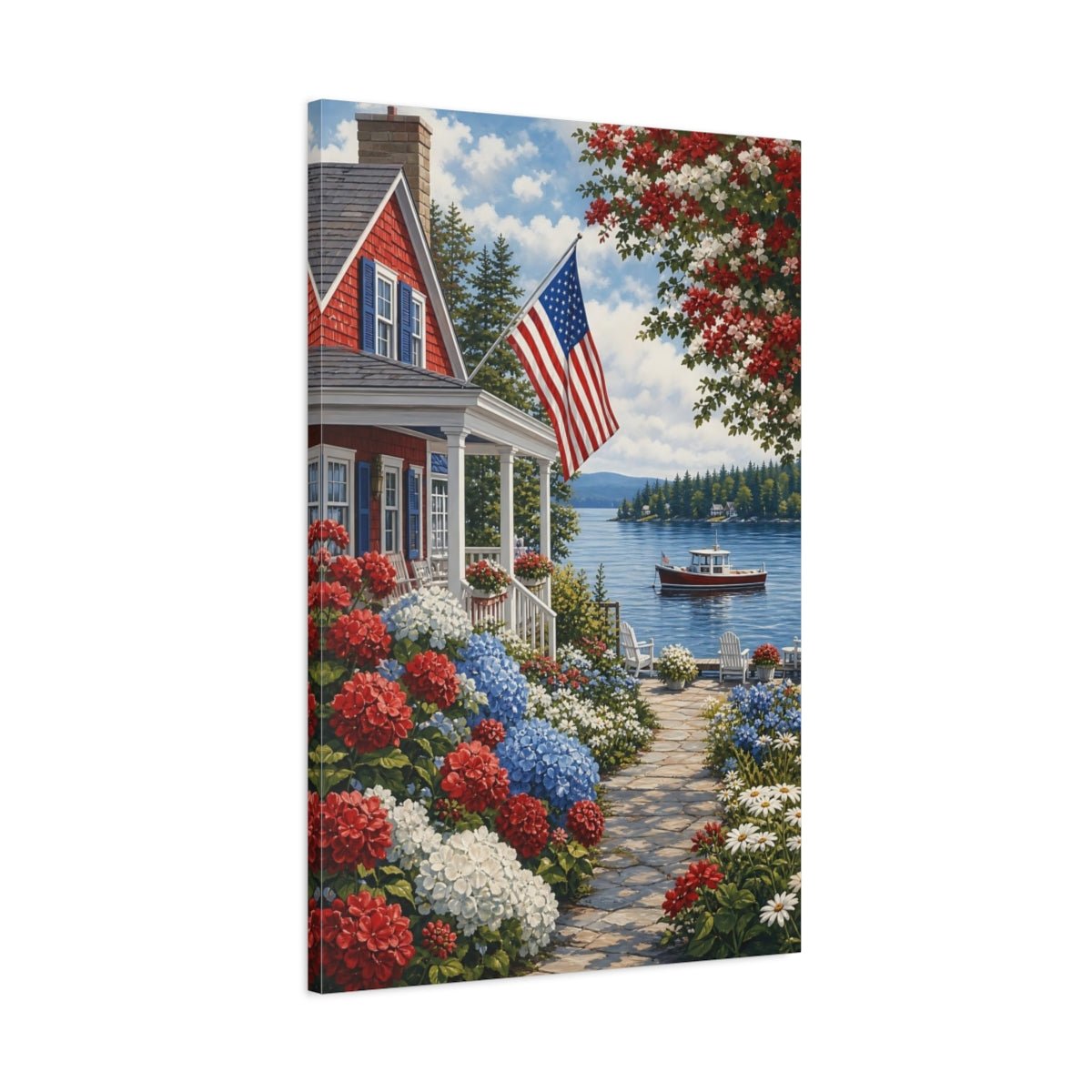 Floral Coastal Home Red White Blue Canvas Print – Living Room, Above Couch - YesArtYes