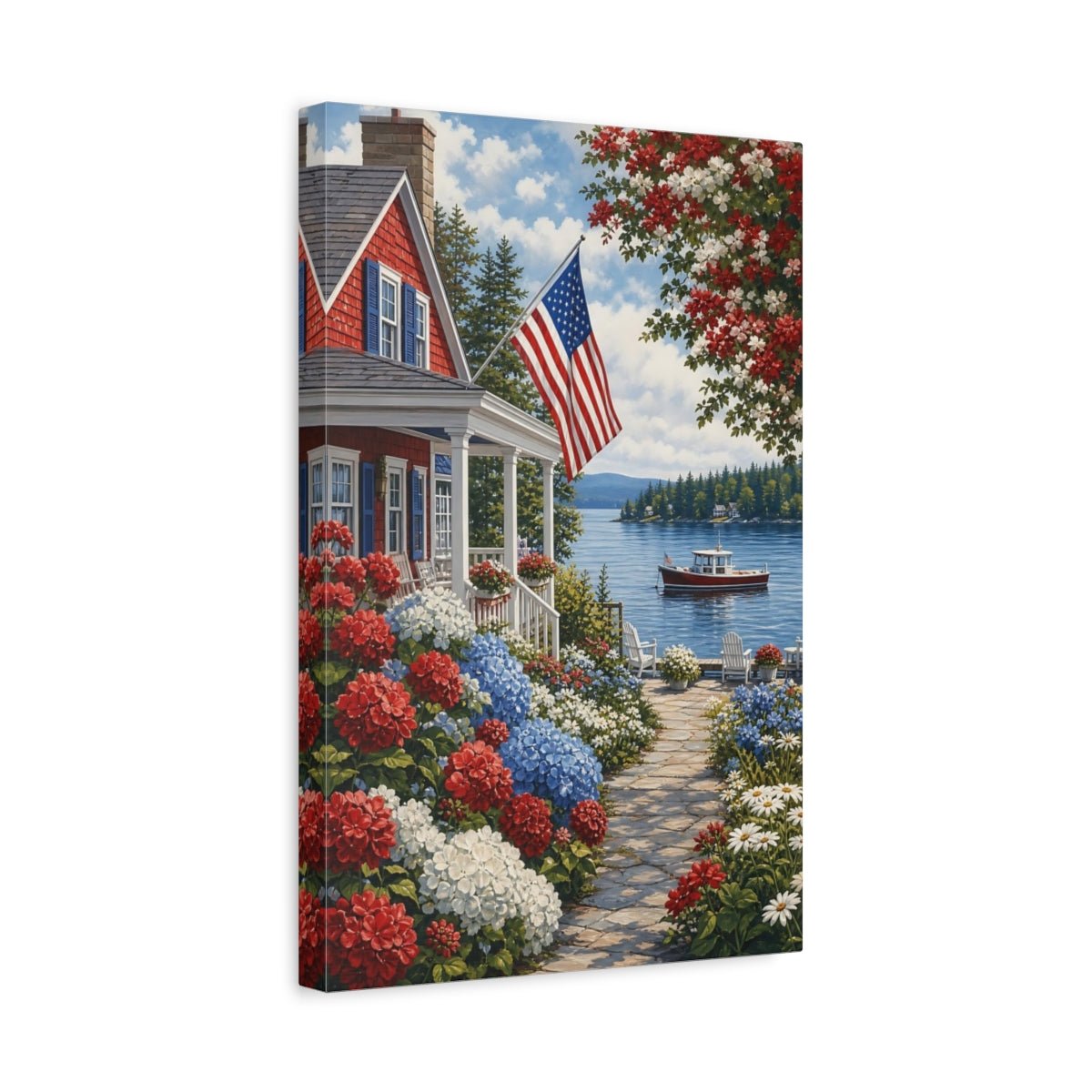 Floral Coastal Home Red White Blue Canvas Print – Living Room, Above Couch - YesArtYes