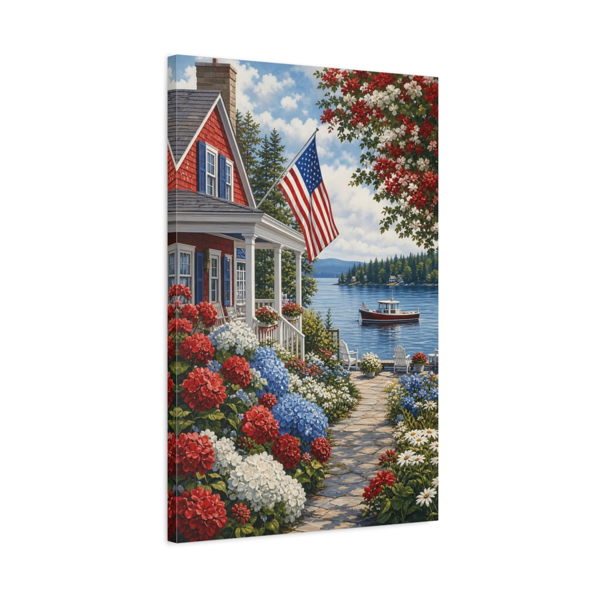 Side Mockup 2. Floral Coastal Home Red White Blue shown as stretched canvas wall art