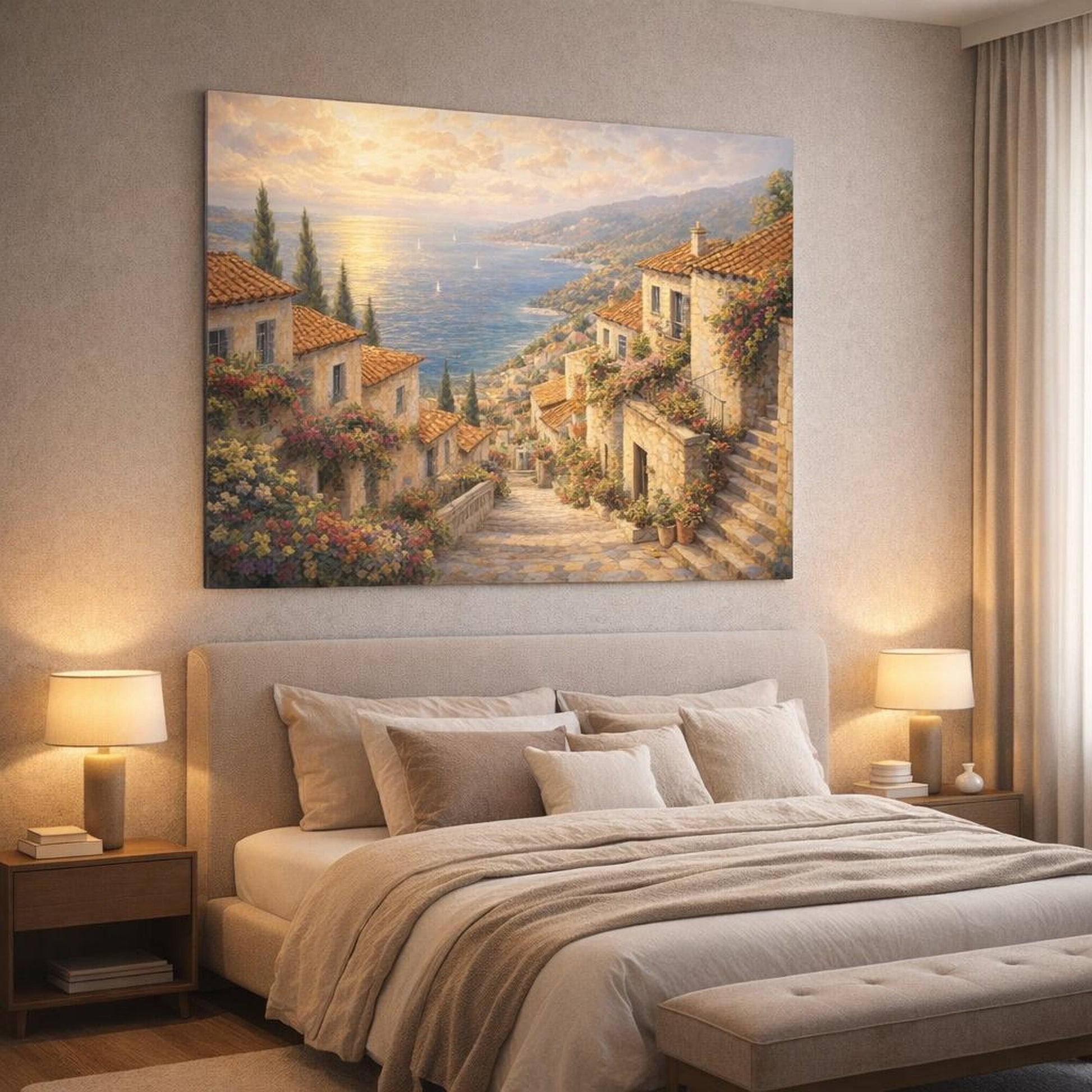 Floral Coastal Village Mediterranean Village shown as canvas wall art in a luxury bedroom