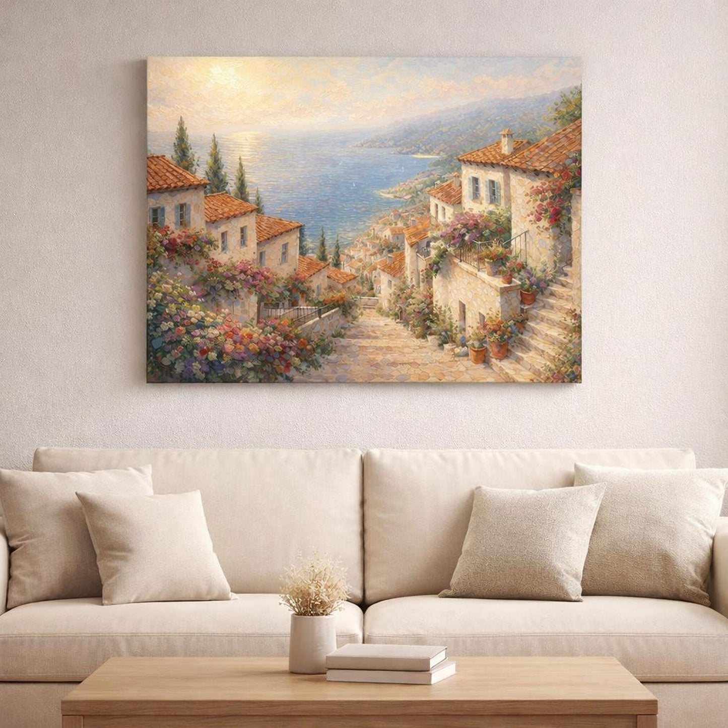 Floral Coastal Village Mediterranean Village shown as canvas wall art in a refined dining room