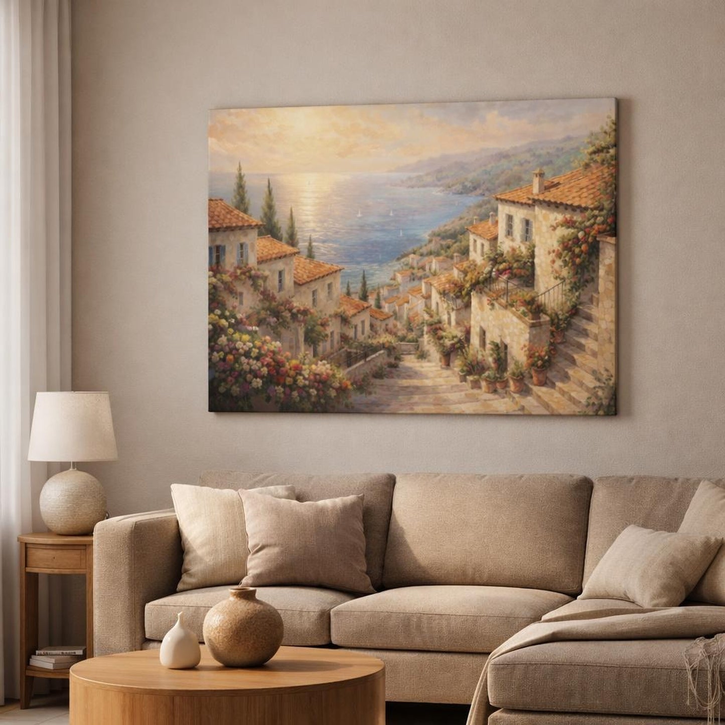Floral Coastal Village Mediterranean Village shown as canvas wall art in a modern living room