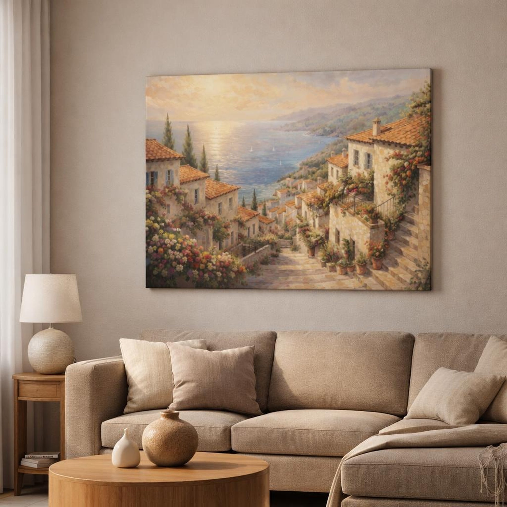 Floral Coastal Village Mediterranean Village shown as canvas wall art in a modern living room