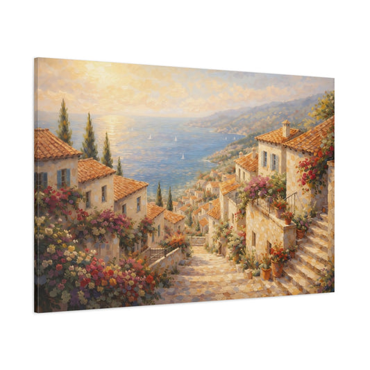 Floral Coastal Village Mediterranean Village shown as stretched canvas wall art