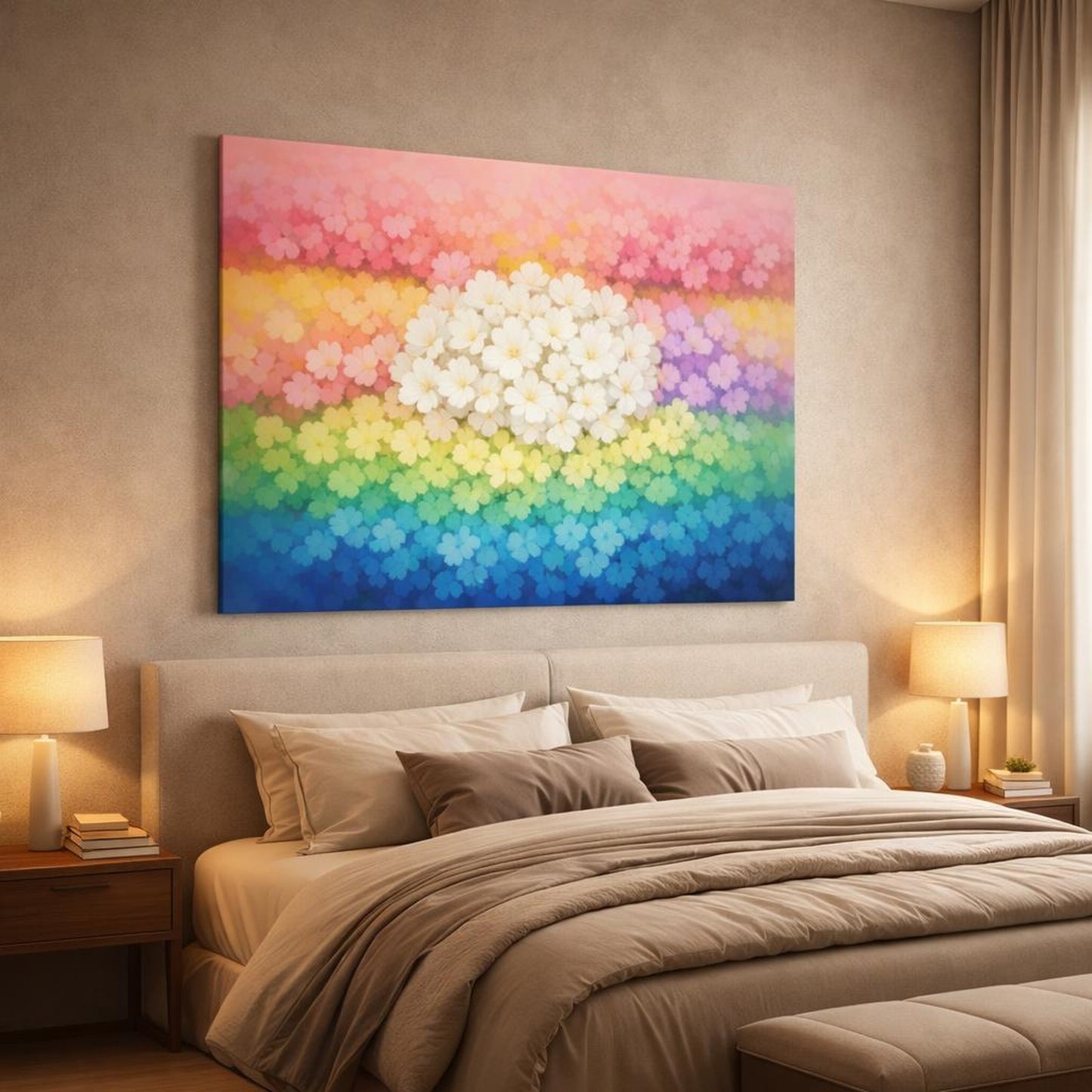 Floral Color Block Art shown as canvas wall art in a luxury bedroom