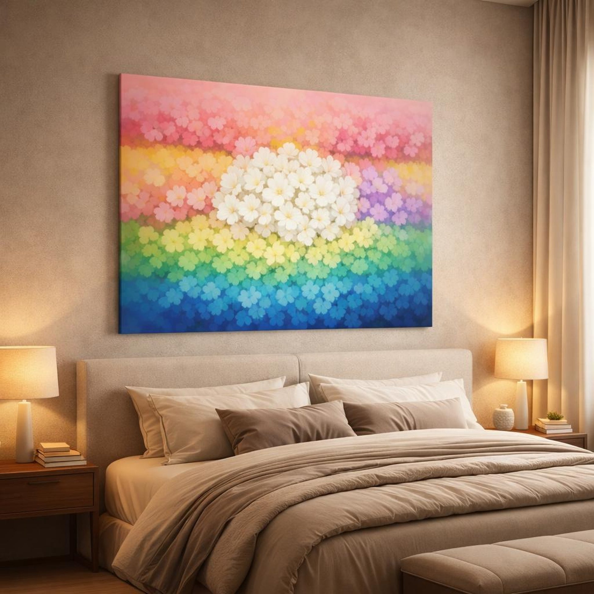 Floral Color Block Art shown as canvas wall art in a luxury bedroom