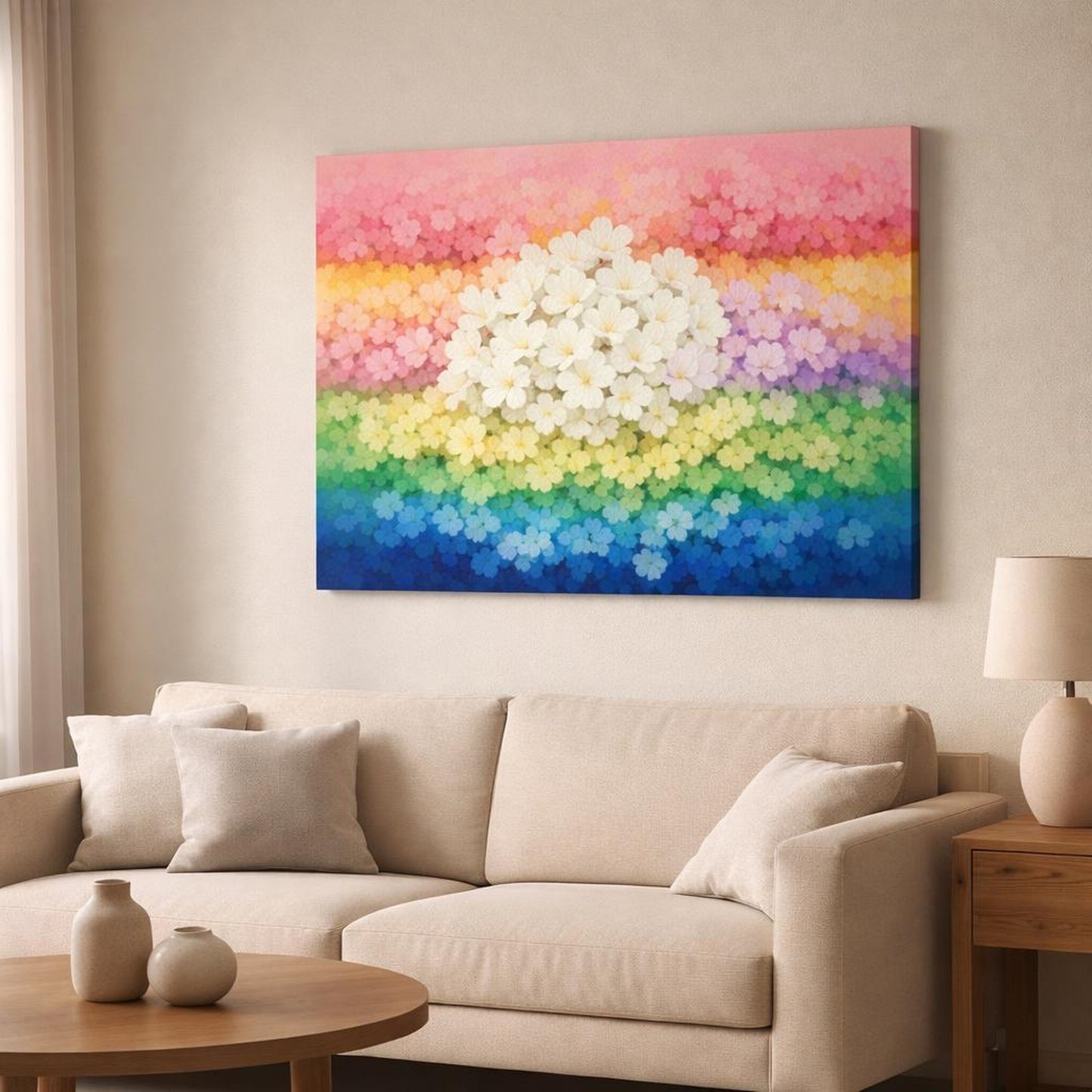 Floral Color Block Art shown as canvas wall art in a modern living room