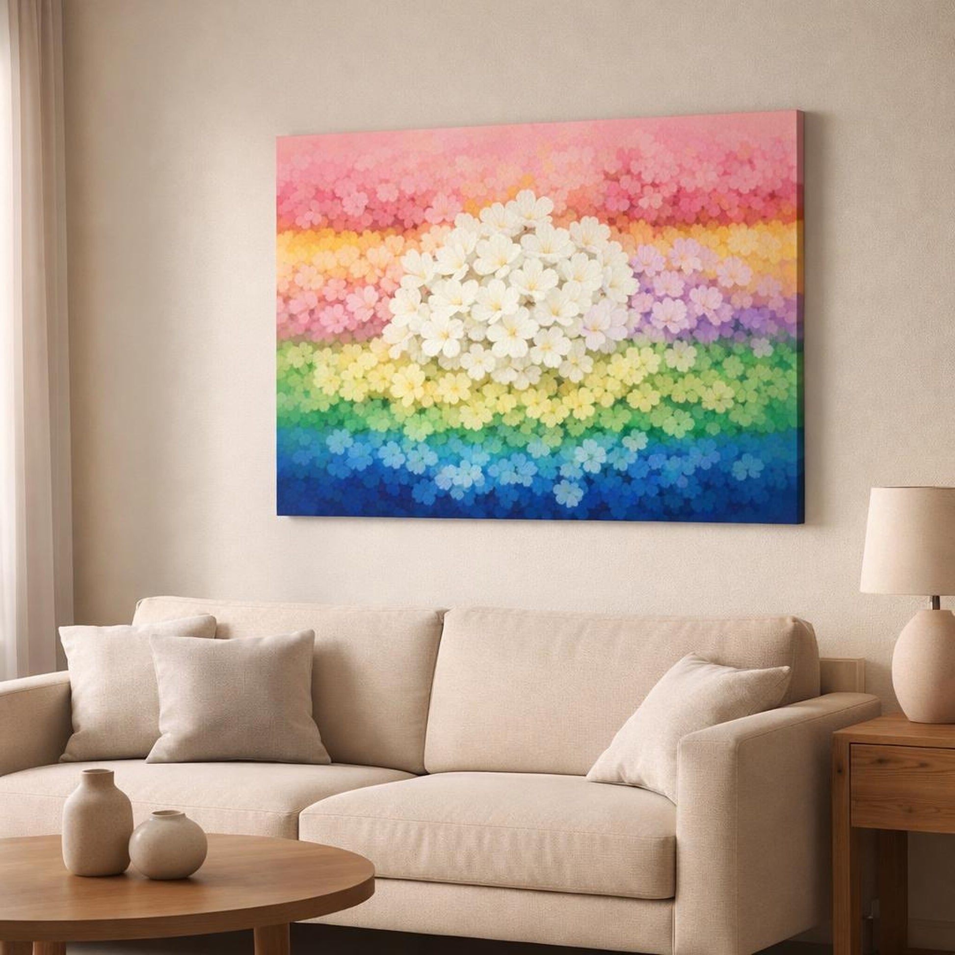 Floral Color Block Art shown as canvas wall art in a modern living room