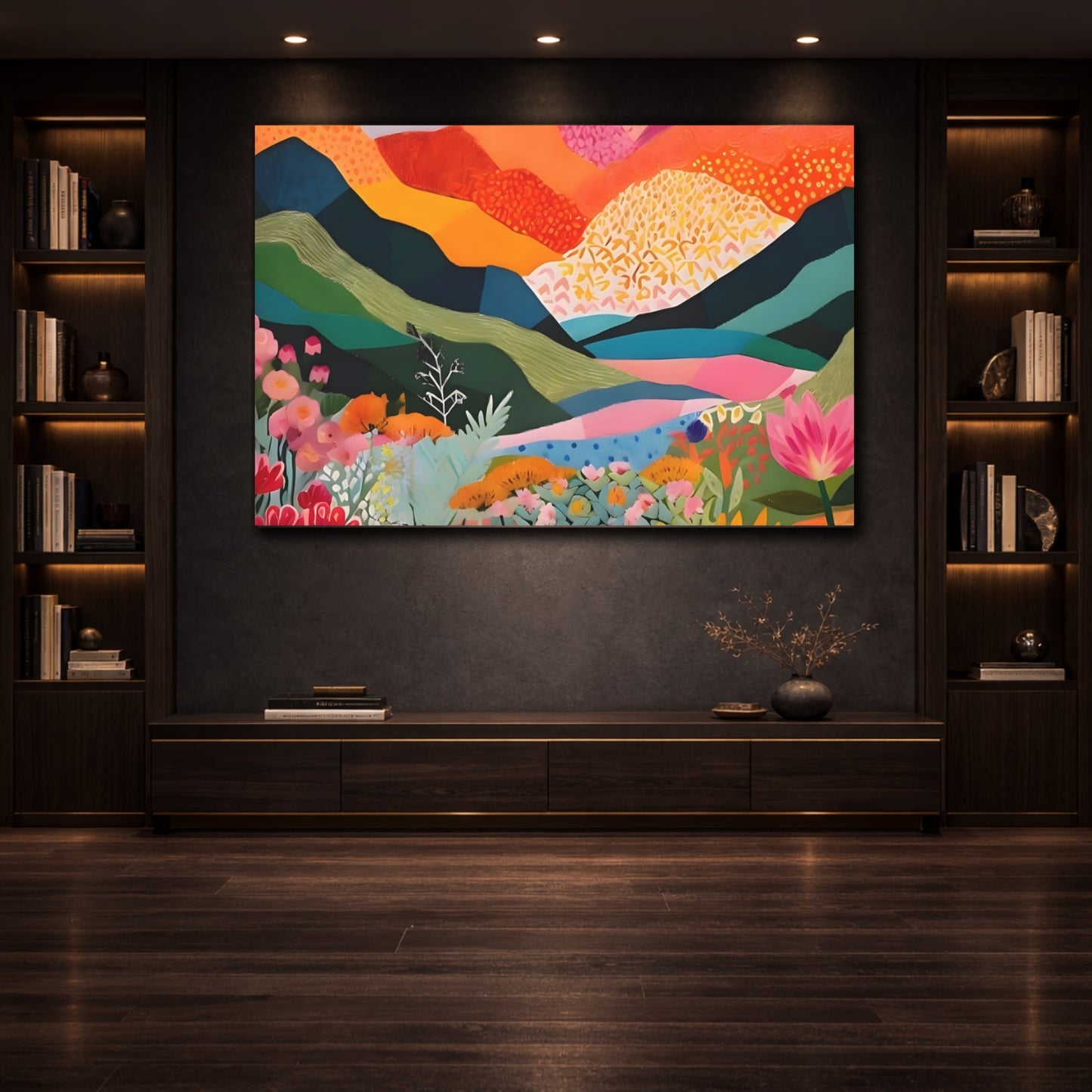 Floral Colorful Flowers Vibrant Floral Landscape shown as front canvas room wall art