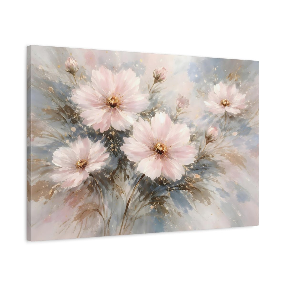 Floral Cosmos Flowers Blush Pink Gold - Canvas Wall Art Print - YesArtYes