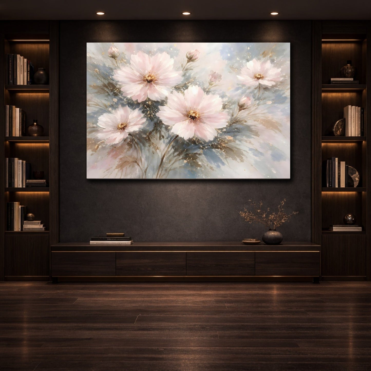 Floral Cosmos Flowers Blush Pink Gold - Canvas Wall Art Print - YesArtYes