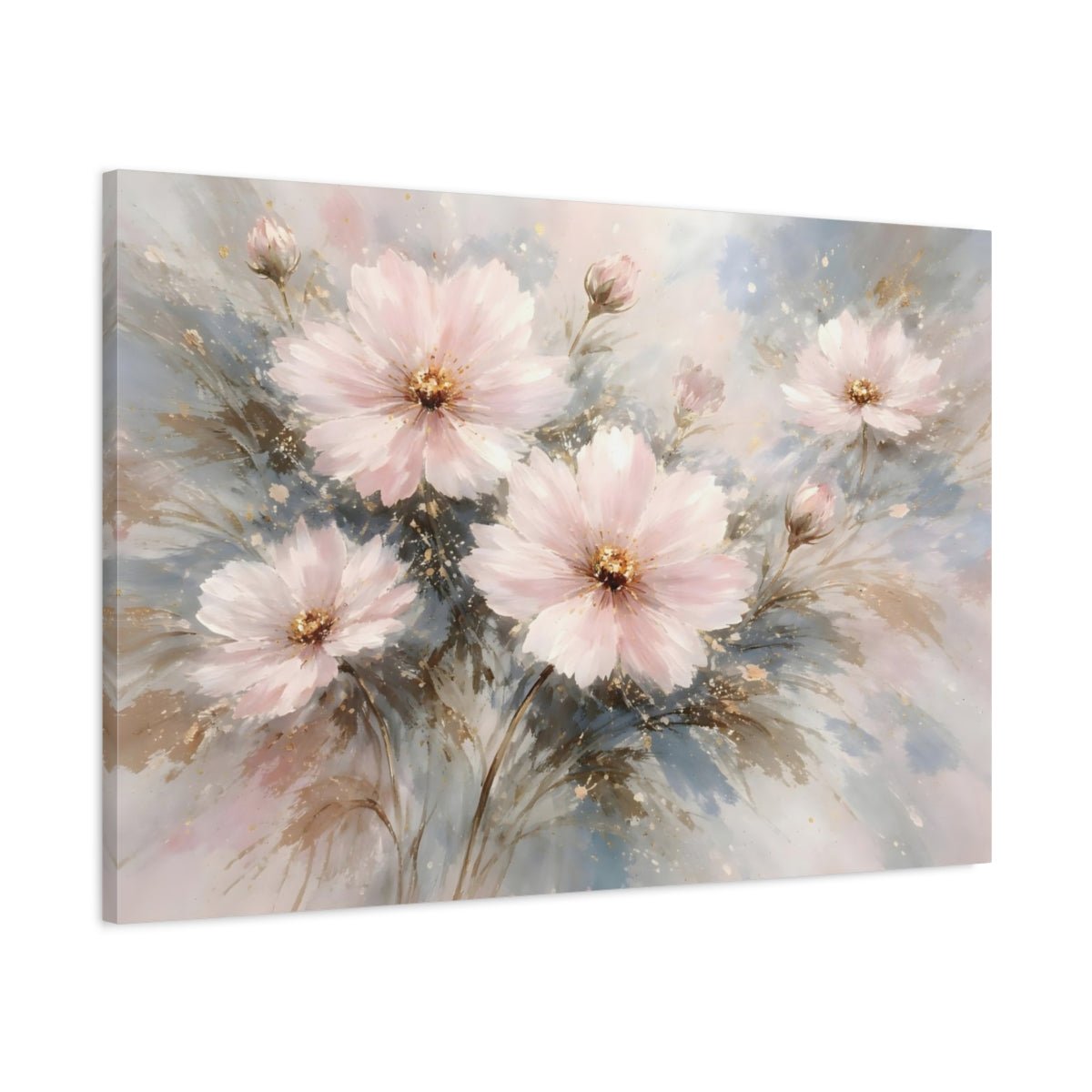 Floral Cosmos Flowers Blush Pink Gold - Canvas Wall Art Print - YesArtYes