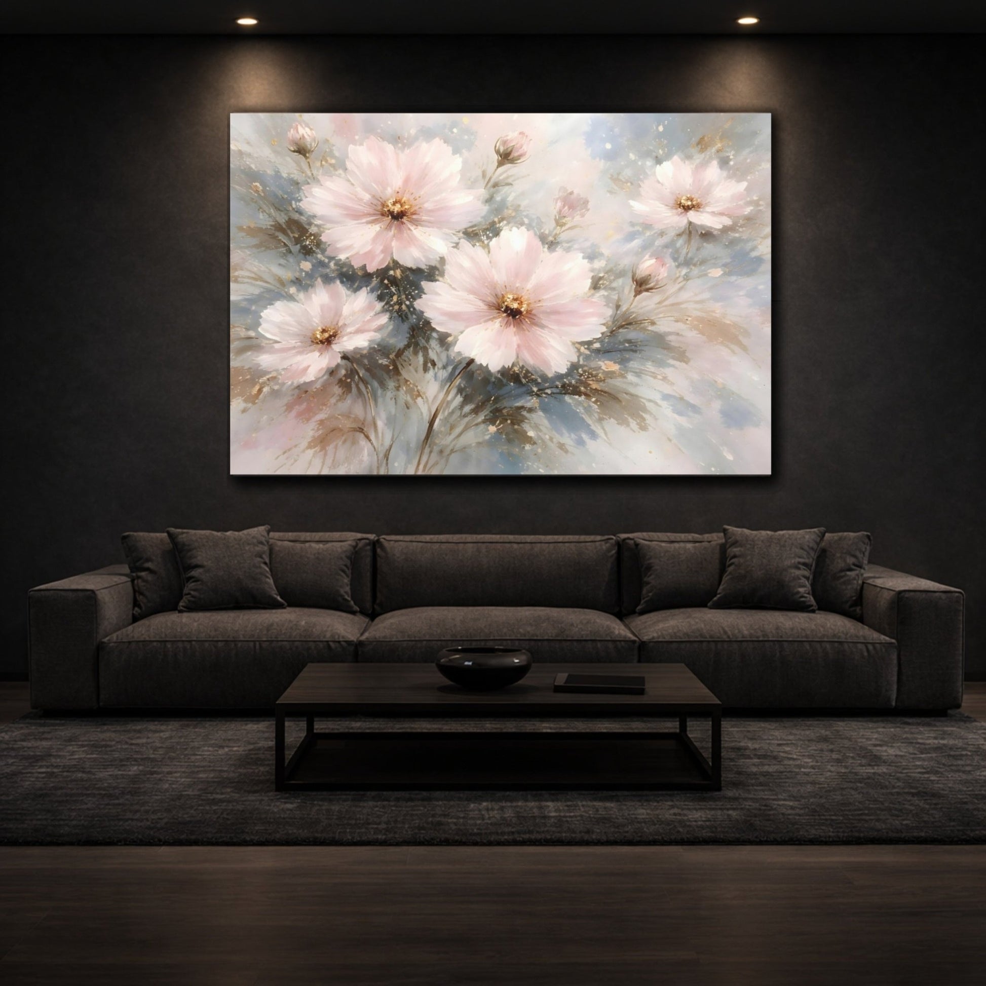 Floral Cosmos Flowers Blush Pink Gold - Canvas Wall Art Print - YesArtYes