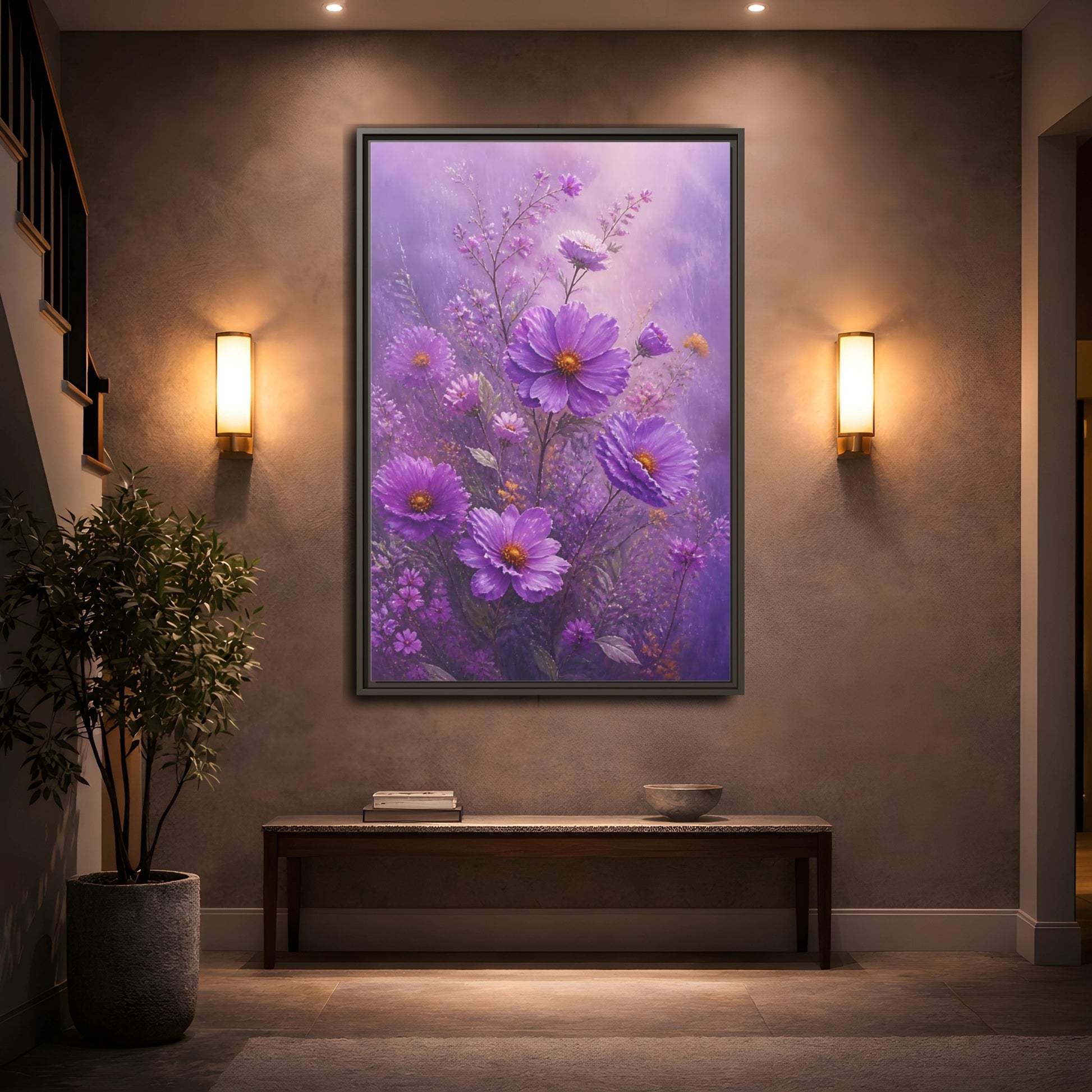 Mockup 2. Floral Cosmos Flowers Purple Floral shown as framed canvas print