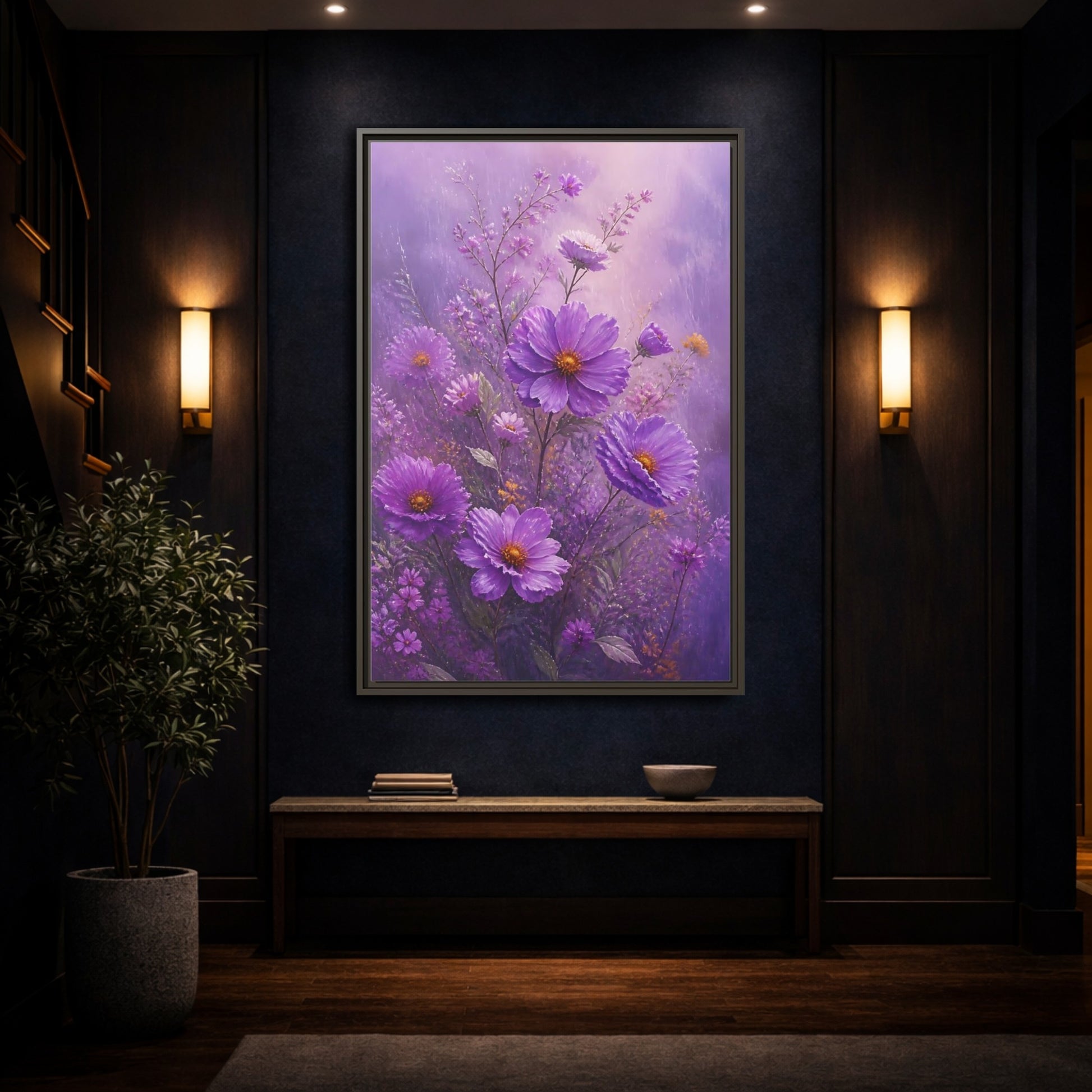 Mockup 4. Floral Cosmos Flowers Purple Floral shown as framed canvas print