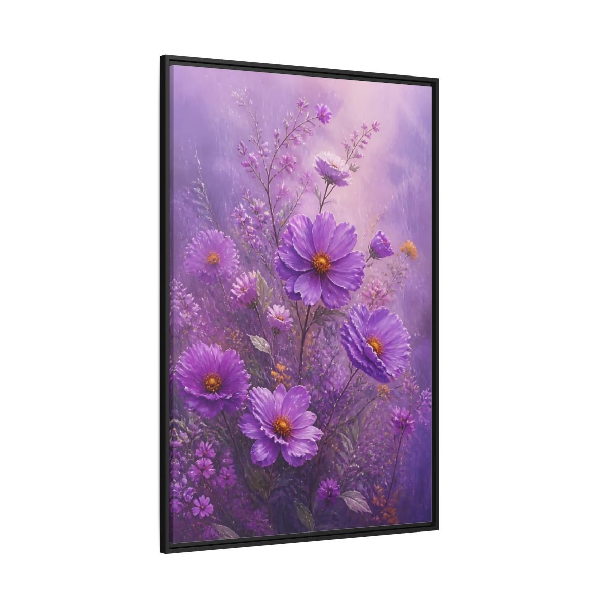 Floral Cosmos Flowers Purple Framed Canvas Print Wall Art – Impressionistic Living Room, Above Couch - YesArtYes