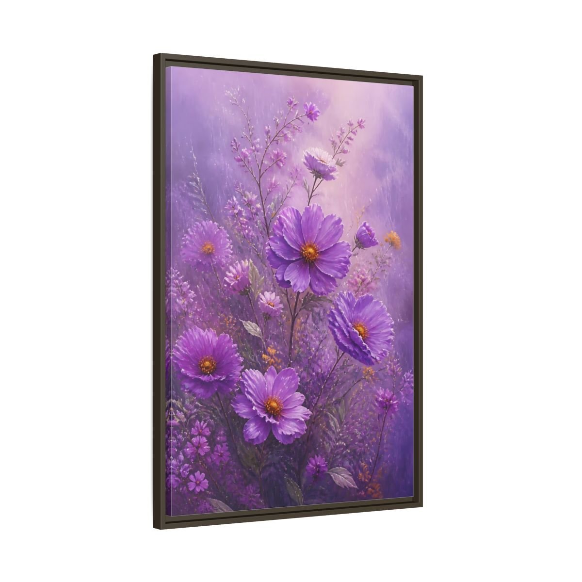 Floral Cosmos Flowers Purple Framed Canvas Print Wall Art – Impressionistic Living Room, Above Couch - YesArtYes