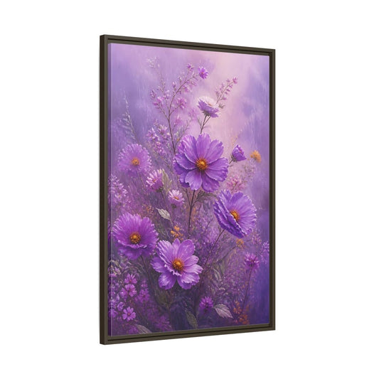 Floral Cosmos Flowers Purple Framed Canvas Print Wall Art – Impressionistic Living Room, Above Couch - YesArtYes