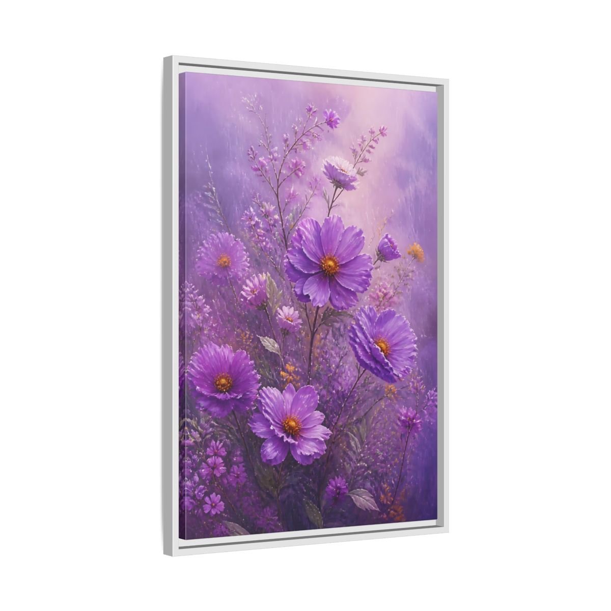 Floral Cosmos Flowers Purple Framed Canvas Print Wall Art – Impressionistic Living Room, Above Couch - YesArtYes