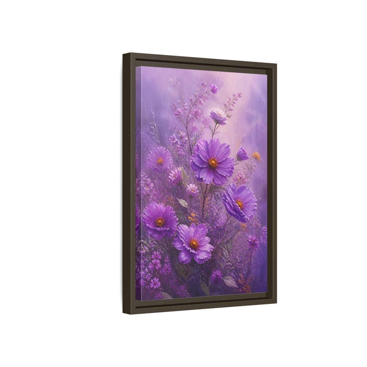 Floral Cosmos Flowers Purple Framed Canvas Print Wall Art – Impressionistic Living Room, Above Couch - YesArtYes
