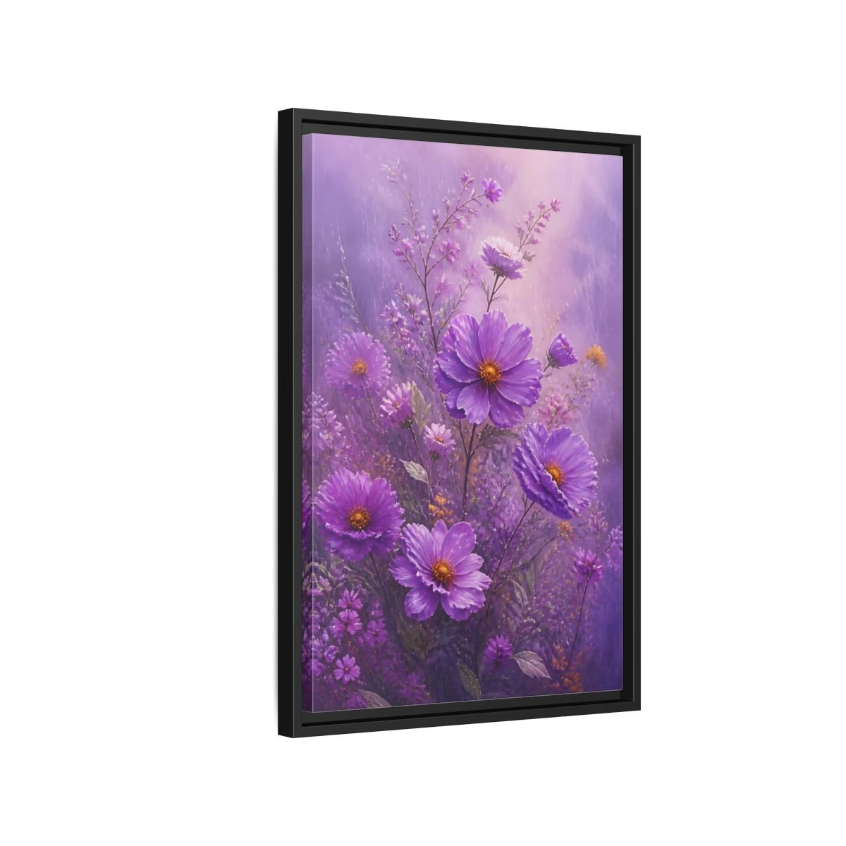 Floral Cosmos Flowers Purple Framed Canvas Print Wall Art – Impressionistic Living Room, Above Couch - YesArtYes