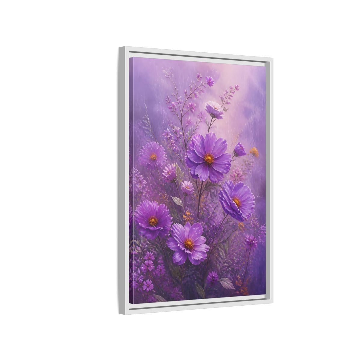 Floral Cosmos Flowers Purple Framed Canvas Print Wall Art – Impressionistic Living Room, Above Couch - YesArtYes