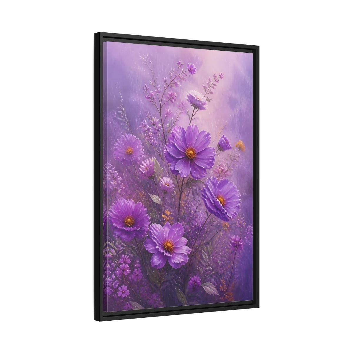 Floral Cosmos Flowers Purple Framed Canvas Print Wall Art – Impressionistic Living Room, Above Couch - YesArtYes