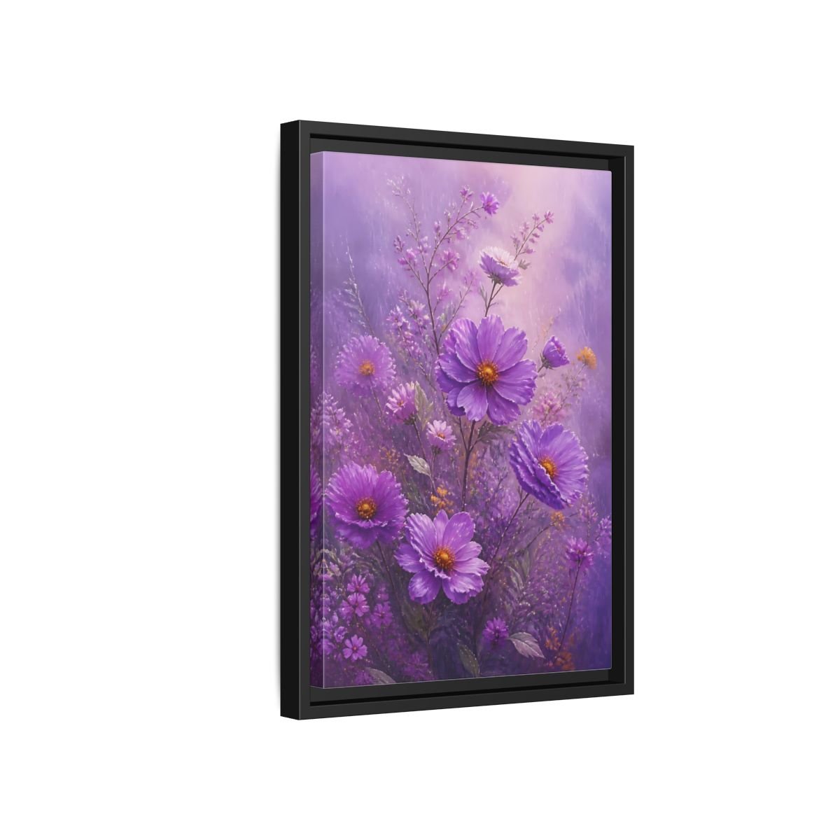 Floral Cosmos Flowers Purple Framed Canvas Print Wall Art – Impressionistic Living Room, Above Couch - YesArtYes