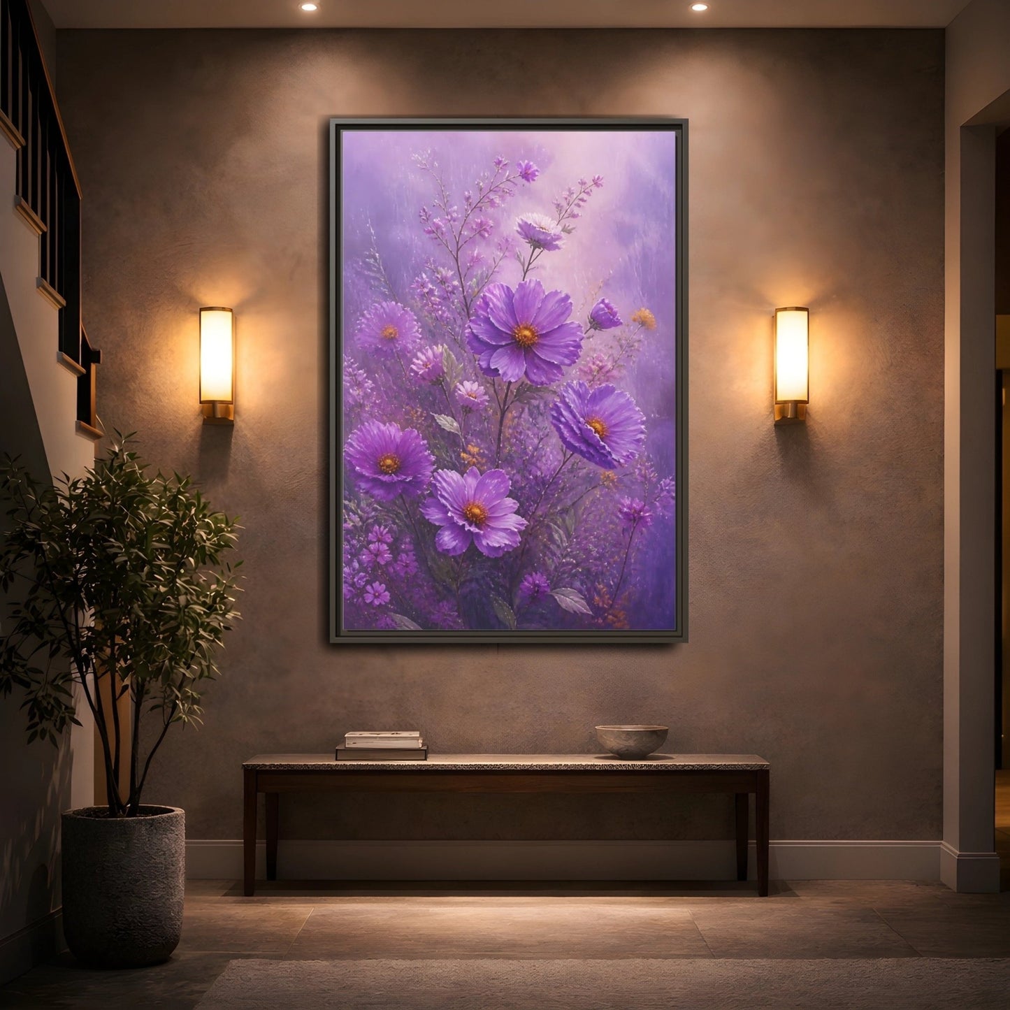 Floral Cosmos Flowers Purple Framed Canvas Print Wall Art – Impressionistic Living Room, Above Couch - YesArtYes