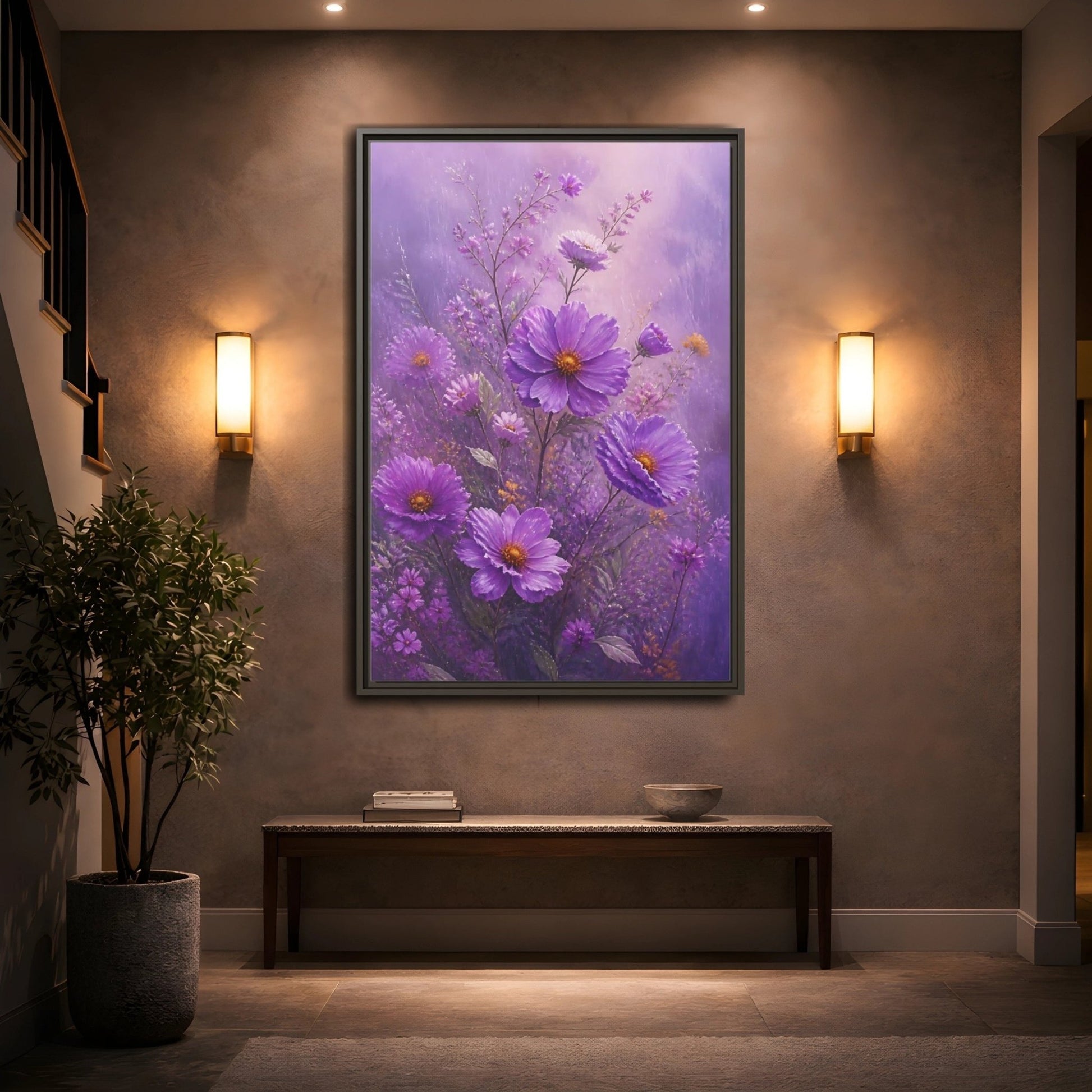 Floral Cosmos Flowers Purple Framed Canvas Print Wall Art – Impressionistic Living Room, Above Couch - YesArtYes