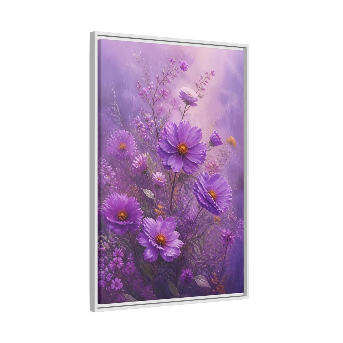 Floral Cosmos Flowers Purple Framed Canvas Print Wall Art – Impressionistic Living Room, Above Couch - YesArtYes