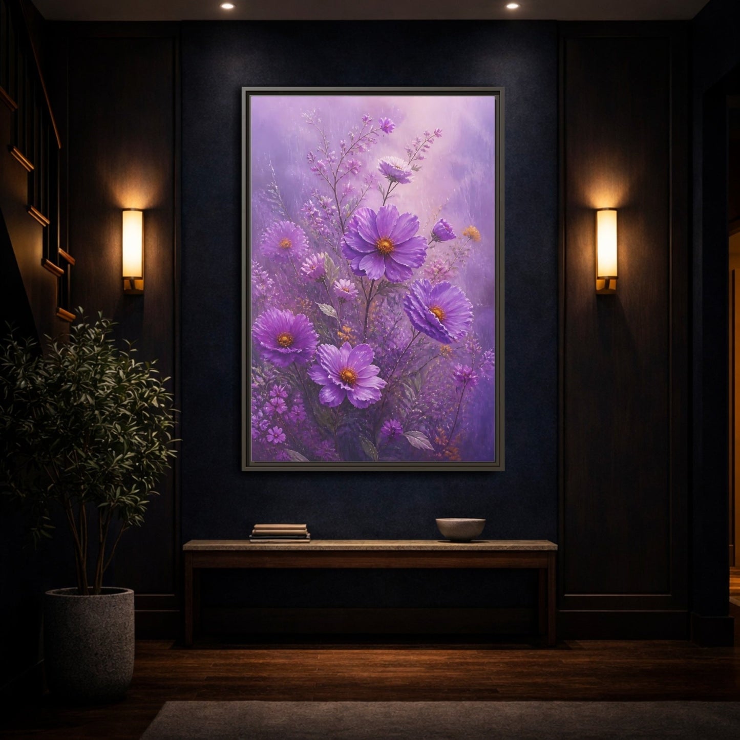 Floral Cosmos Flowers Purple Framed Canvas Print Wall Art – Impressionistic Living Room, Above Couch - YesArtYes