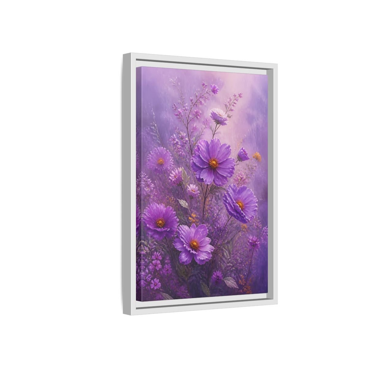 Floral Cosmos Flowers Purple Framed Canvas Print Wall Art – Impressionistic Living Room, Above Couch - YesArtYes
