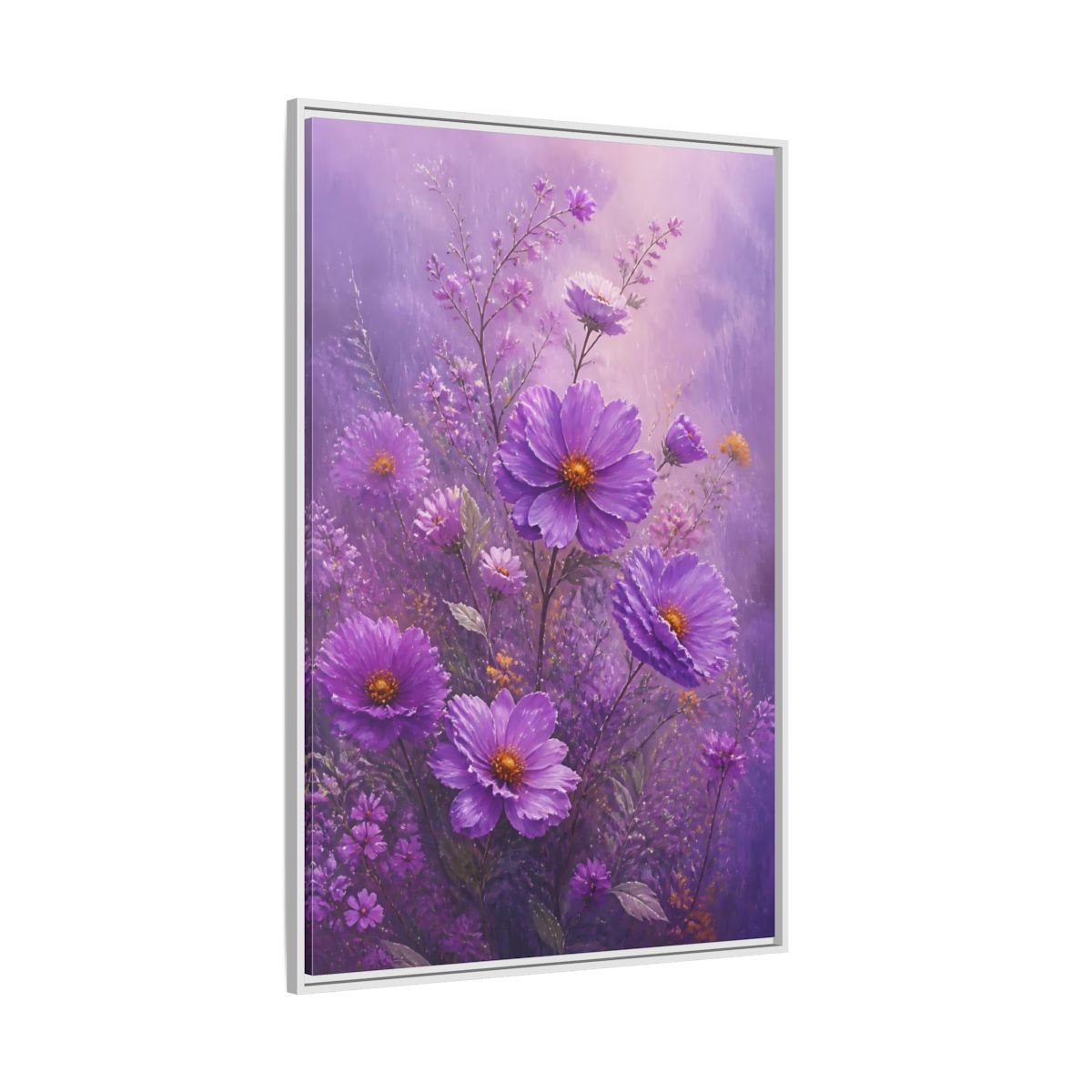 Floral Cosmos Flowers Purple Framed Canvas Print Wall Art – Impressionistic Living Room, Above Couch - YesArtYes
