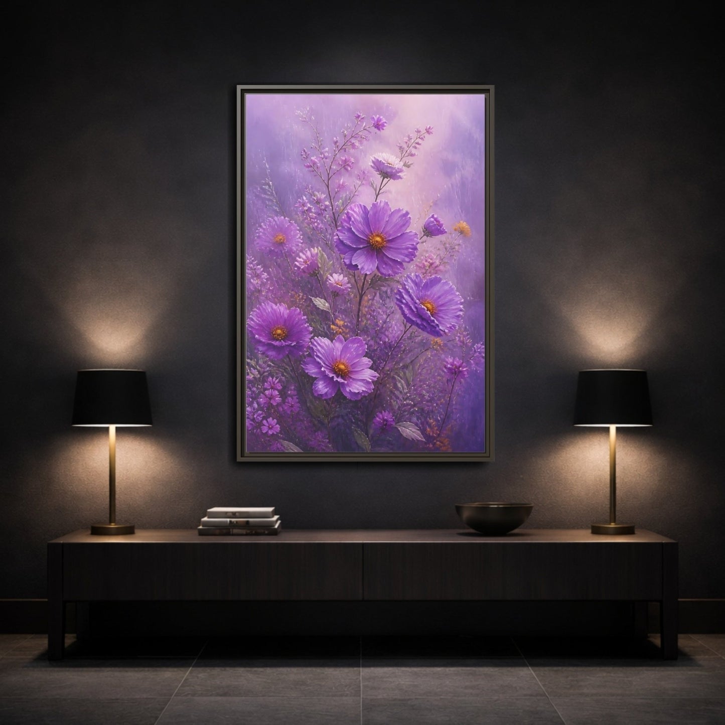 Floral Cosmos Flowers Purple Framed Canvas Print Wall Art – Impressionistic Living Room, Above Couch - YesArtYes