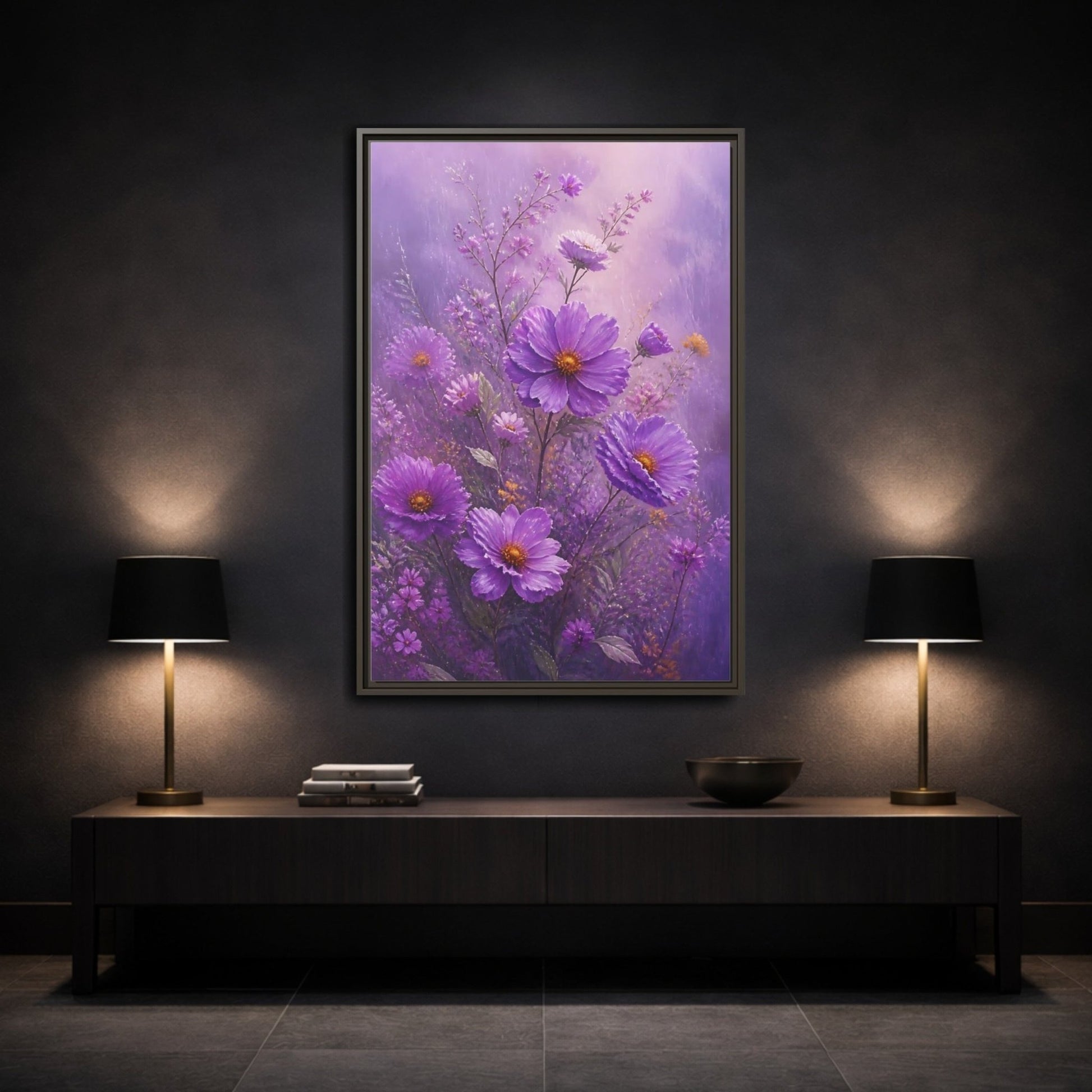 Floral Cosmos Flowers Purple Framed Canvas Print Wall Art – Impressionistic Living Room, Above Couch - YesArtYes