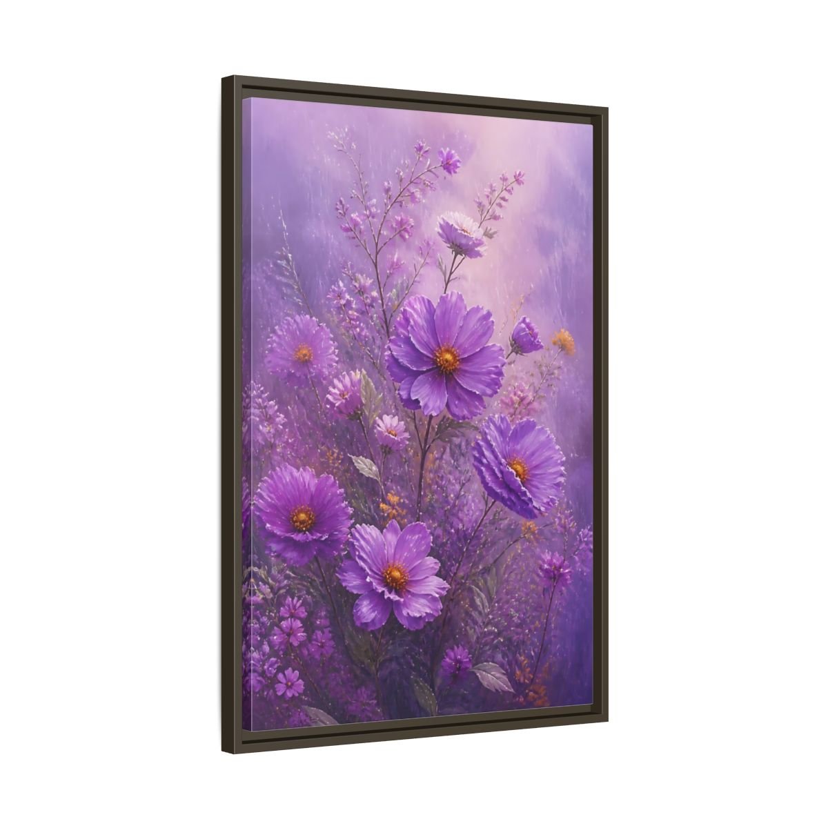 Floral Cosmos Flowers Purple Framed Canvas Print Wall Art – Impressionistic Living Room, Above Couch - YesArtYes