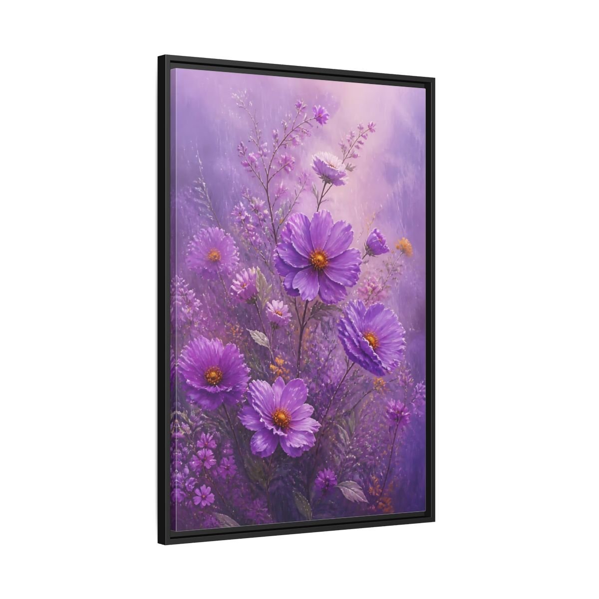 Floral Cosmos Flowers Purple Framed Canvas Print Wall Art – Impressionistic Living Room, Above Couch - YesArtYes