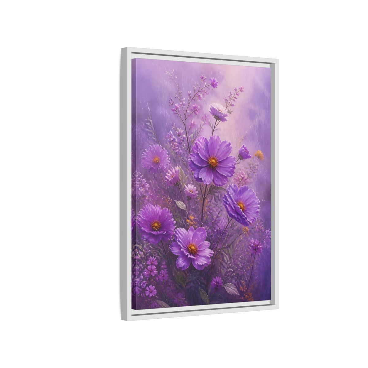 Side Mockup 1. Floral Cosmos Flowers Purple Floral shown as framed canvas print