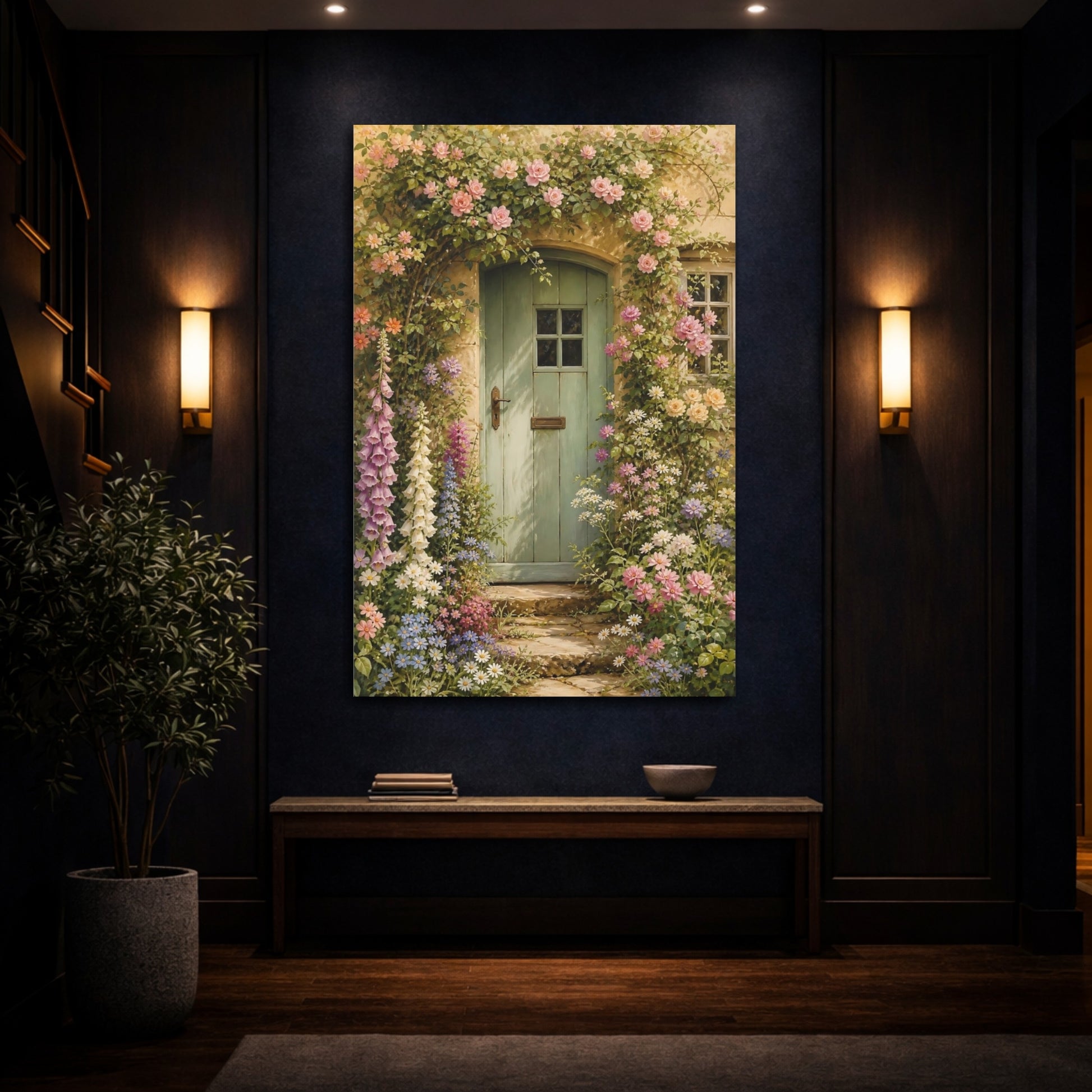 Mockup 4. Floral Cottage Garden Floral Cottage Green shown as canvas print