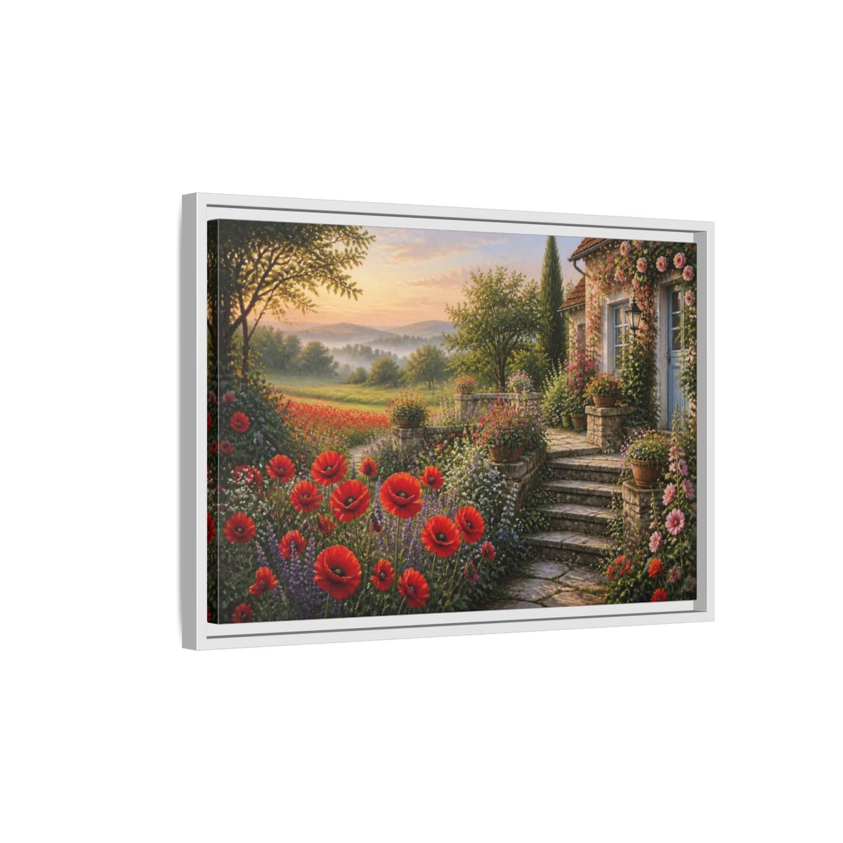 Side Mockup 1. Floral Cottage Garden shown as framed canvas print