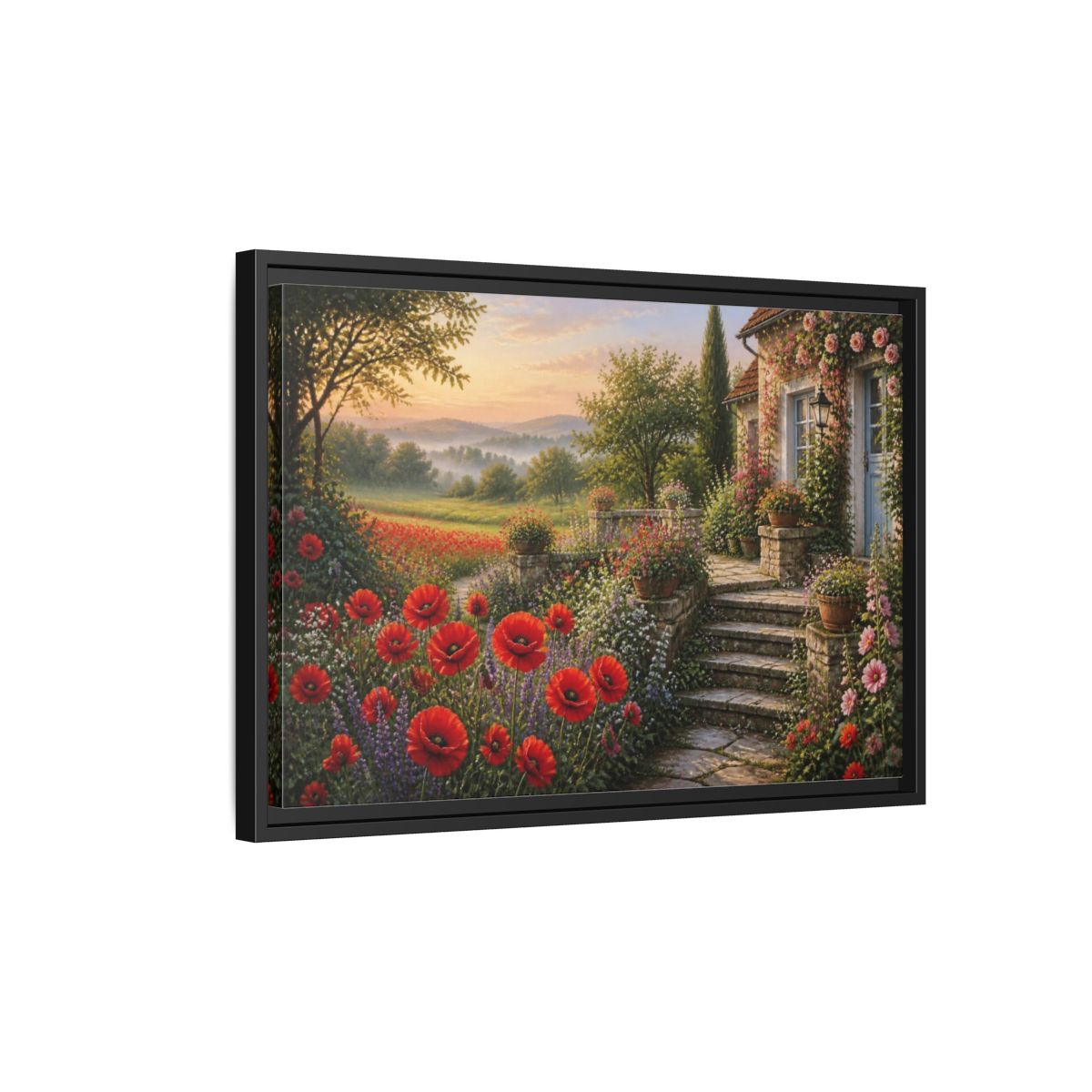 Side Mockup 3. Floral Cottage Garden shown as framed canvas print