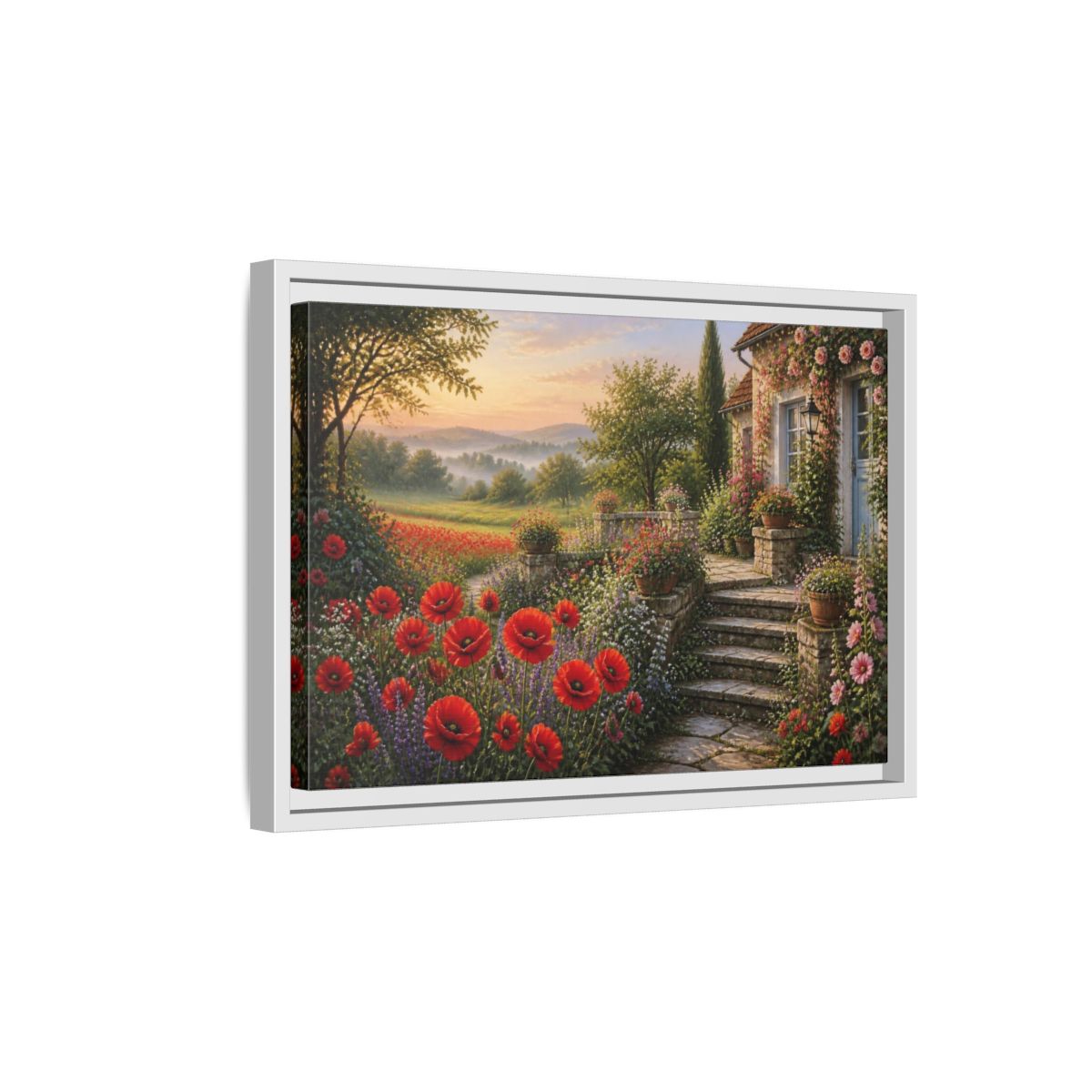Side Mockup 4. Floral Cottage Garden shown as framed canvas print