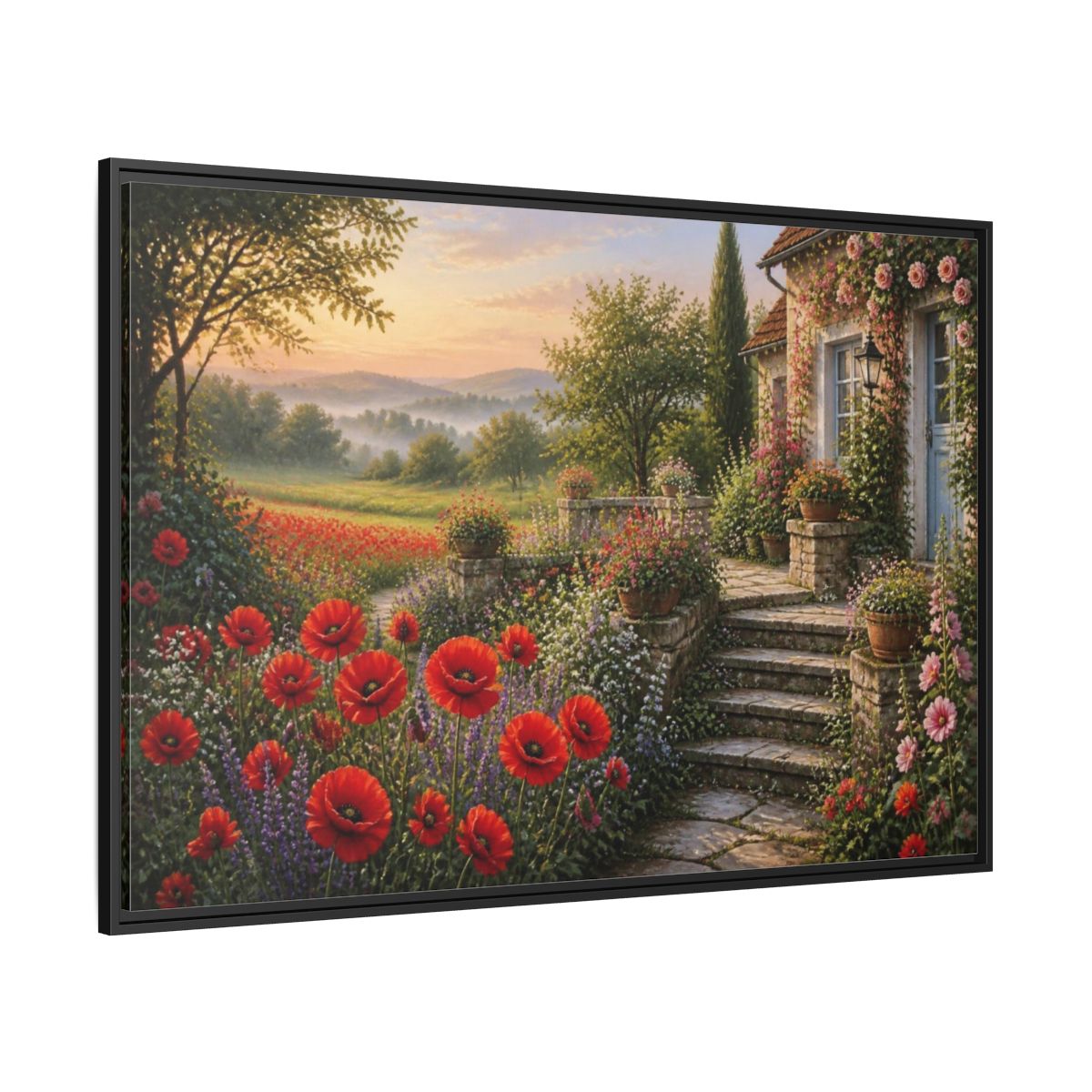 Side Mockup 12. Floral Cottage Garden shown as framed canvas print