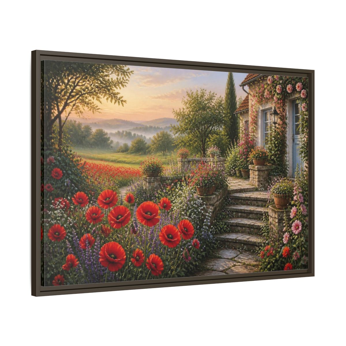 Main Mockup. Floral Cottage Garden shown as framed canvas print